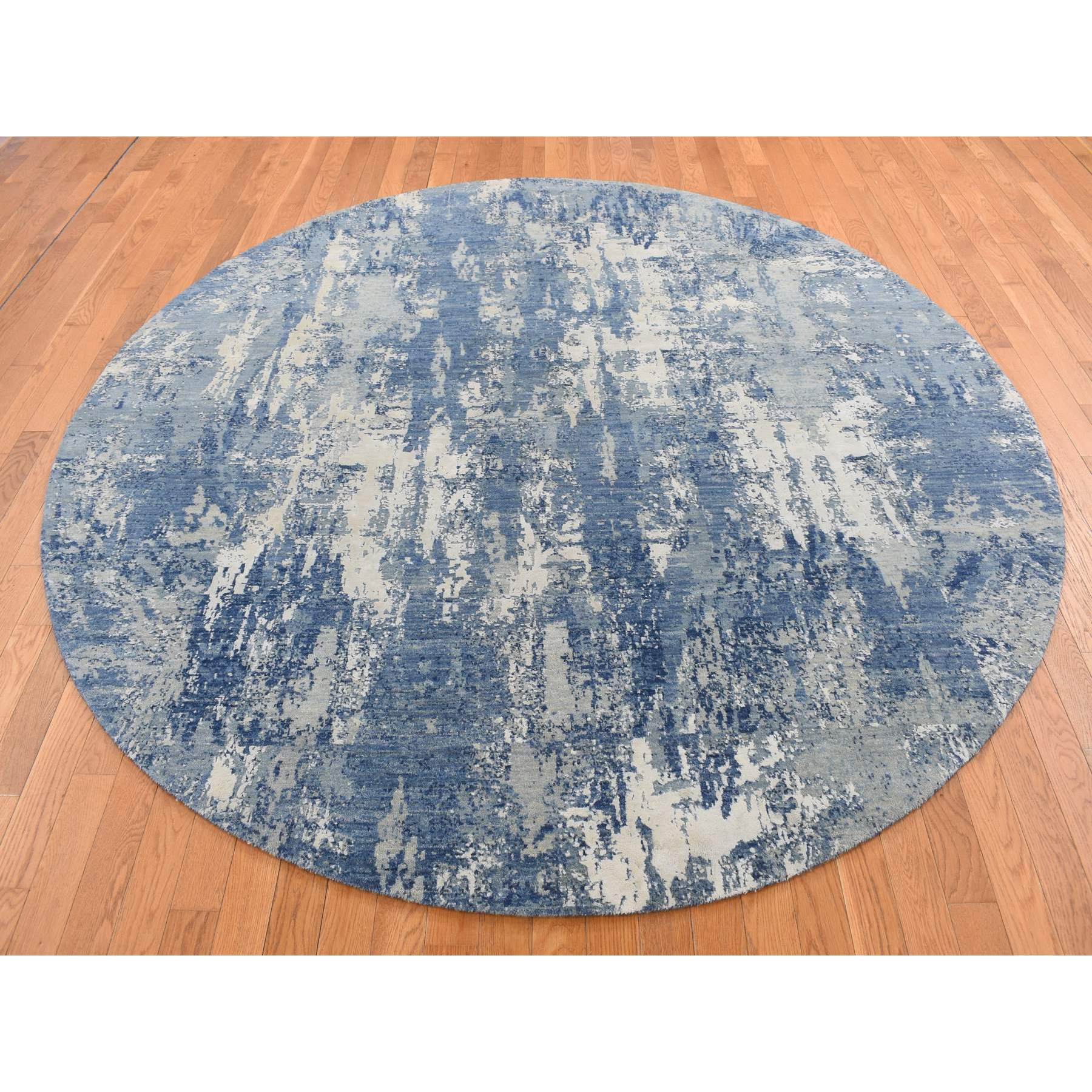 8'1"x8'1" Prussian Blue, Oceanic Abstract Design, Wool and Pure Silk, Hand Knotted, Round Oriental Rug HR87356 - Image 2