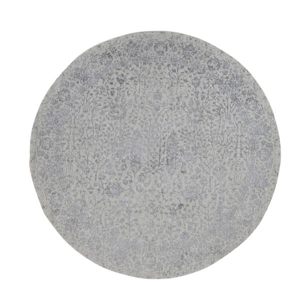 7'9"x7'9" Gainsboro Gray, Jacquard Hand Loomed, Broken Cypress Tree Design, Wool and Silk, Thick and Plush, Round Oriental Rug HR87359