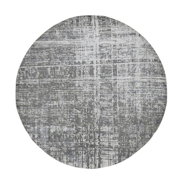 8'2"x8'2" Carbon Gray, Wool and Silk, Abstract Criss Cross Design, Hand Knotted, Round Oriental Rug HR87361
