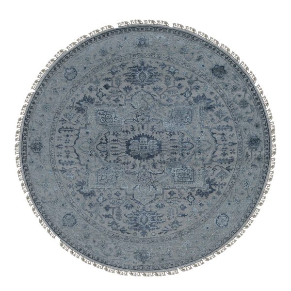 8'1"x8'1" Battleship Gray, Heriz Design, Wool and Silk, Hi-lo Pile, Hand Knotted, Round Oriental Rug HR87366