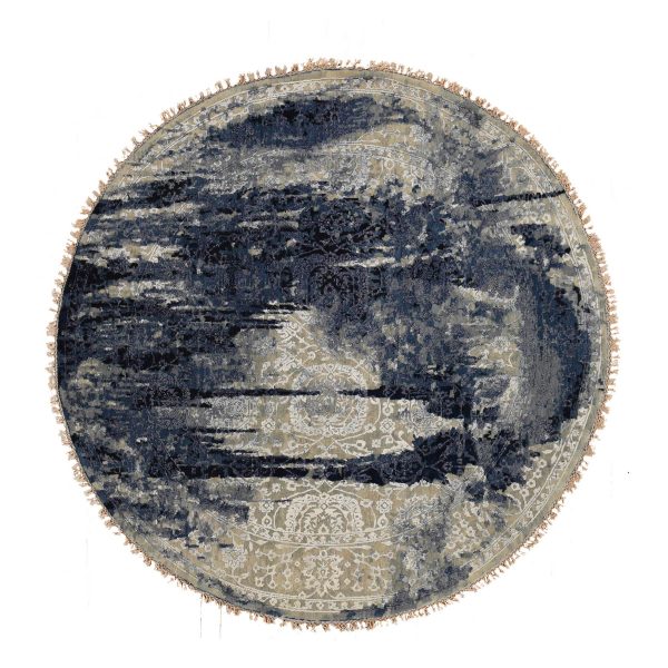7'10"x7'10" Millennium Blue, Wool and Silk, Shibori Design, Tone On Tone, Hand Knotted, Round Oriental Rug HR87367