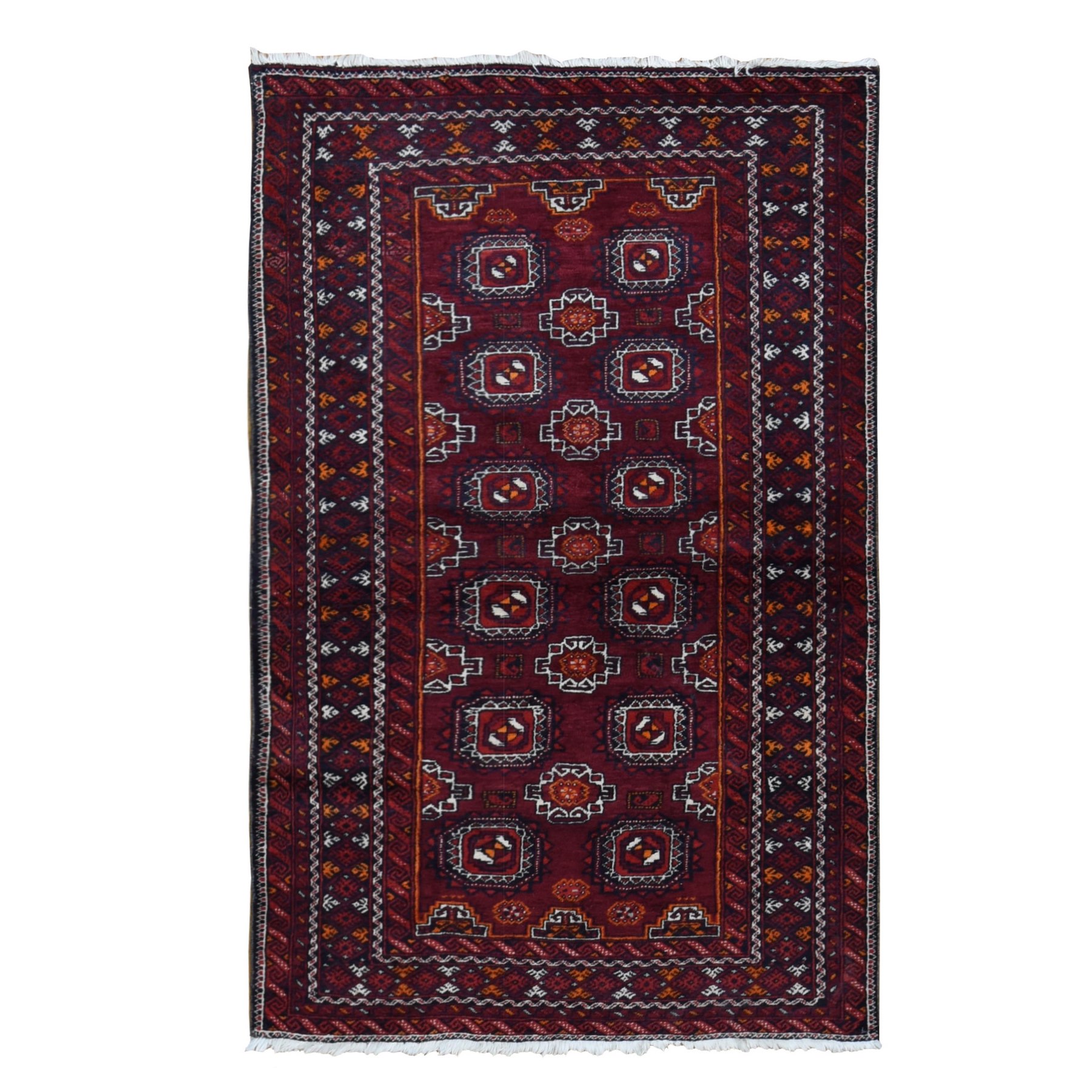 3'4"x5'10" Maroon Red, Vintage Tourkaman Bokara Gul Motif, Pure Wool, Hand Knotted, Wide Runner Oriental Rug HR87377