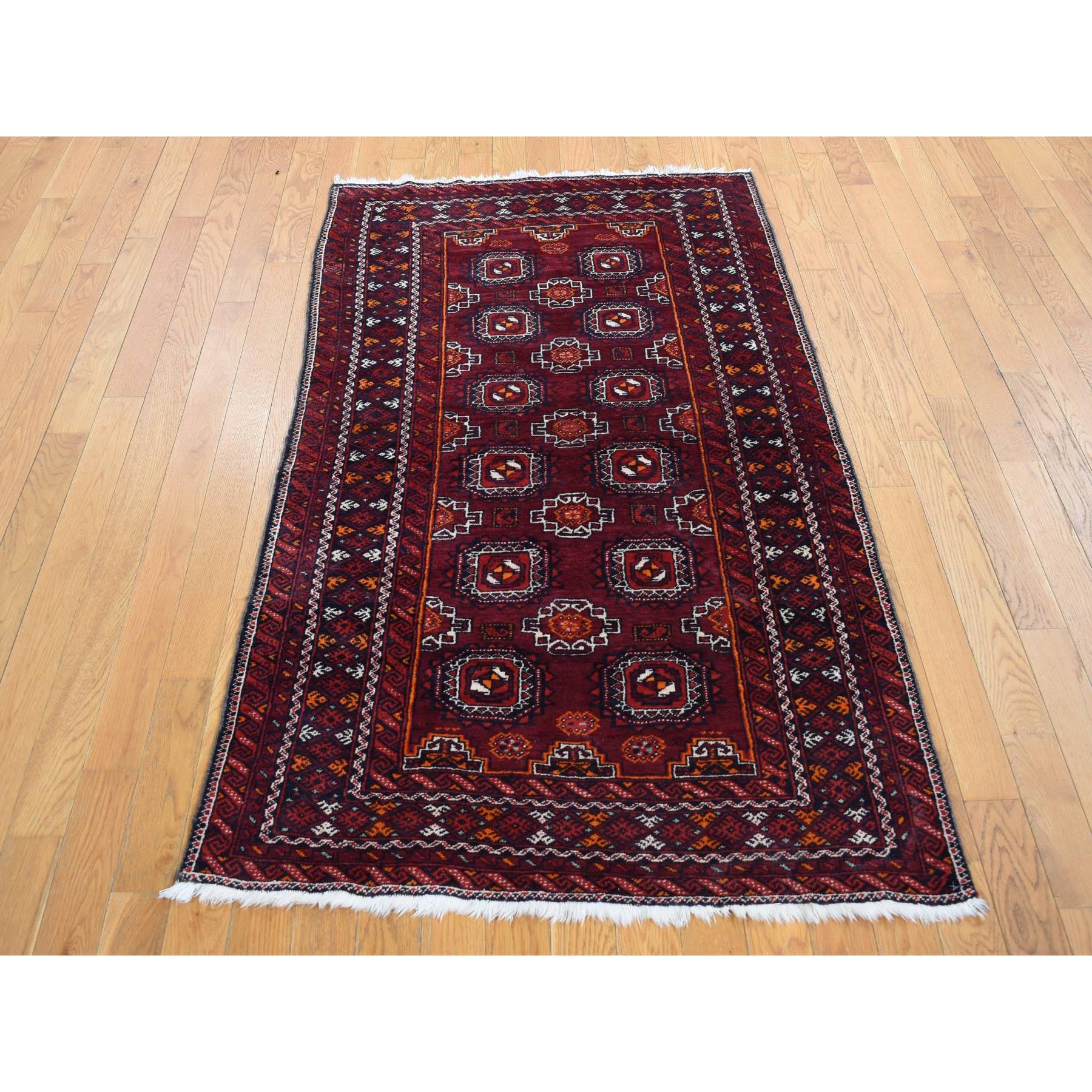 3'4"x5'10" Maroon Red, Vintage Tourkaman Bokara Gul Motif, Pure Wool, Hand Knotted, Wide Runner Oriental Rug HR87377 - Image 2