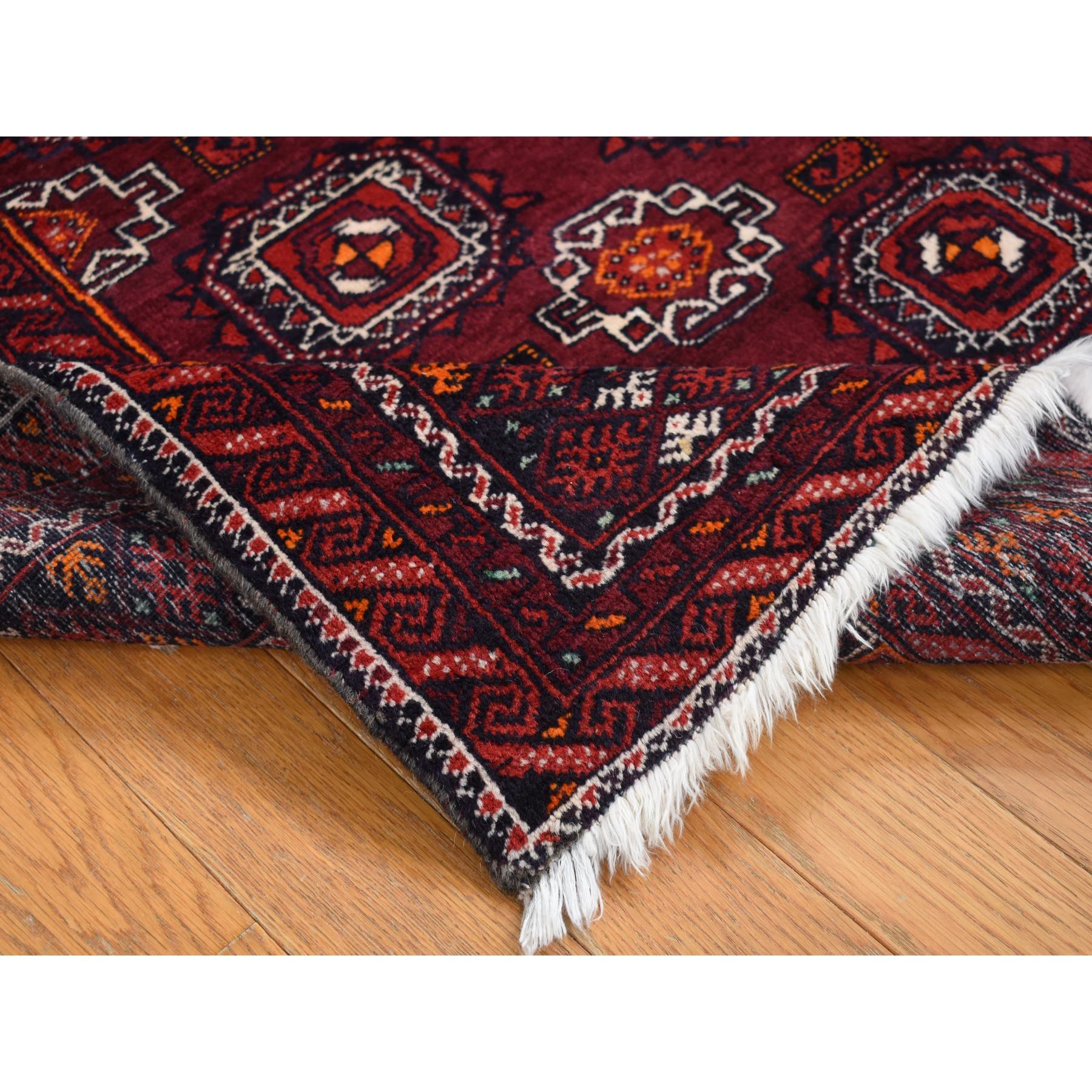 3'4"x5'10" Maroon Red, Vintage Tourkaman Bokara Gul Motif, Pure Wool, Hand Knotted, Wide Runner Oriental Rug HR87377 - Image 4