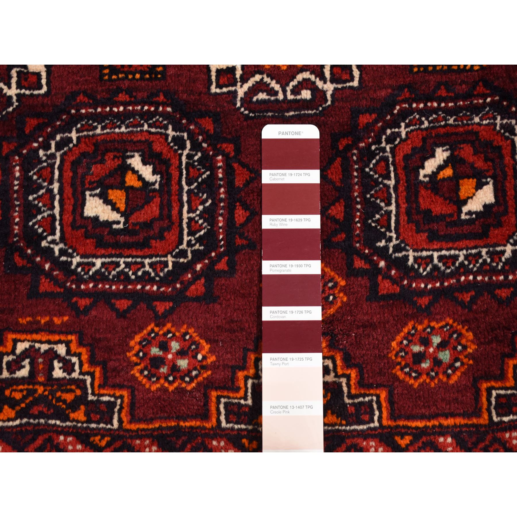 3'4"x5'10" Maroon Red, Vintage Tourkaman Bokara Gul Motif, Pure Wool, Hand Knotted, Wide Runner Oriental Rug HR87377 - Image 5