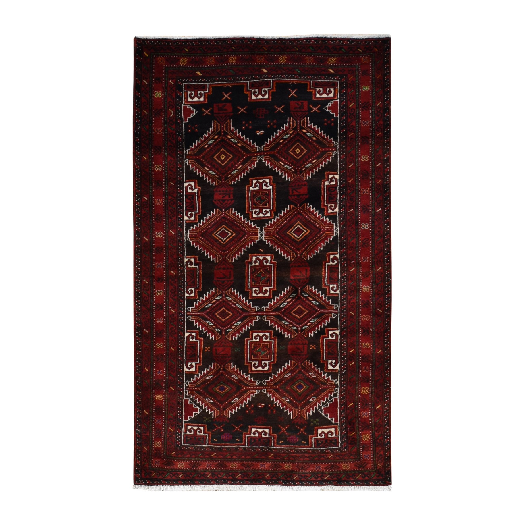 3'7"x6'5" Dark Chocolate Brown, Vintage Persian Baluch, Serrated Repetitive Geometrical Medallion Design, Excellent Condition, Pure Wool, Hand Knotted, Oriental Rug HR87392