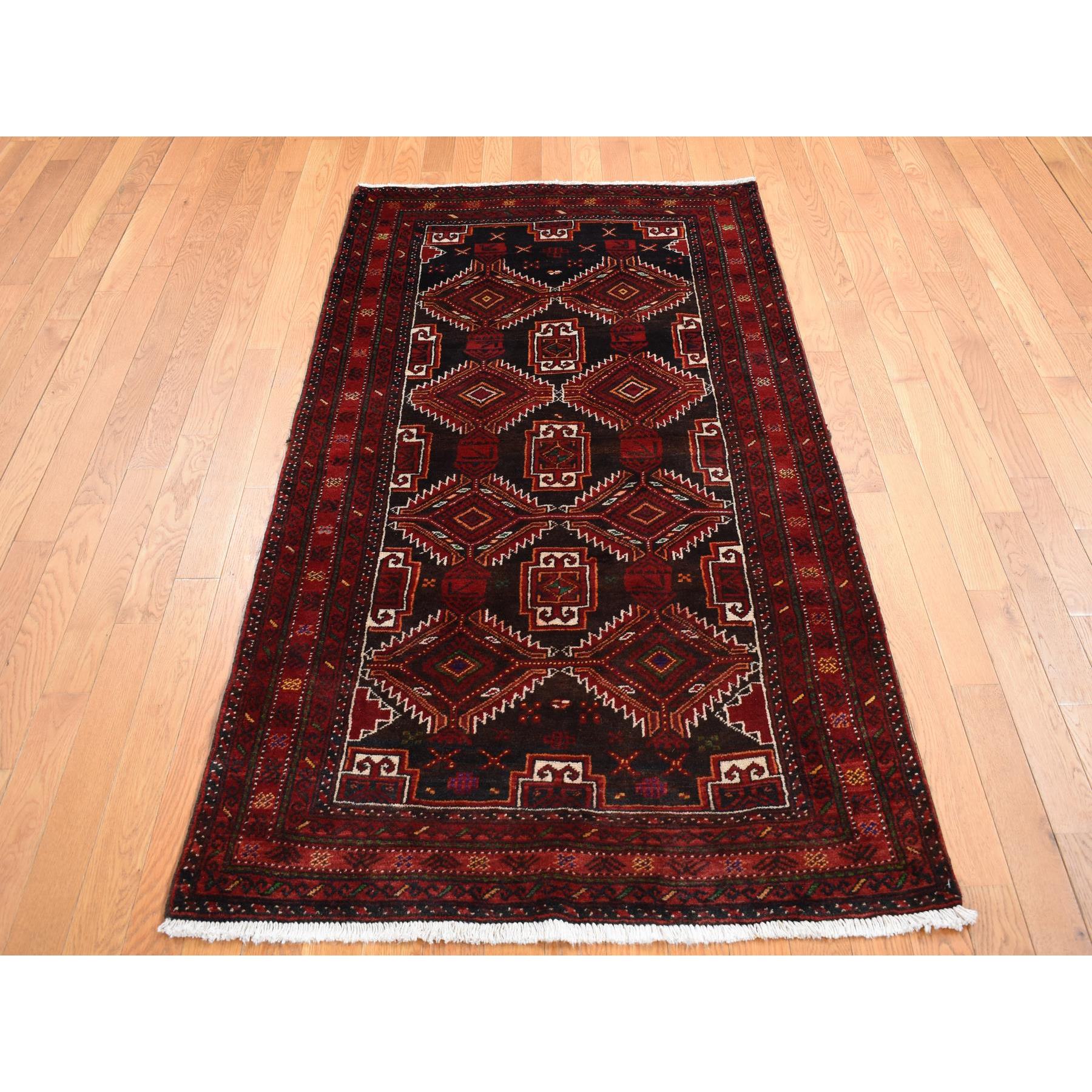 3'7"x6'5" Dark Chocolate Brown, Vintage Persian Baluch, Serrated Repetitive Geometrical Medallion Design, Excellent Condition, Pure Wool, Hand Knotted, Oriental Rug HR87392 - Image 2