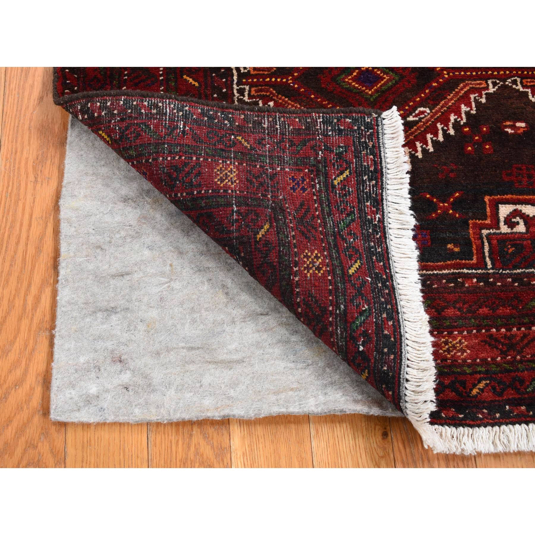 3'7"x6'5" Dark Chocolate Brown, Vintage Persian Baluch, Serrated Repetitive Geometrical Medallion Design, Excellent Condition, Pure Wool, Hand Knotted, Oriental Rug HR87392 - Image 3