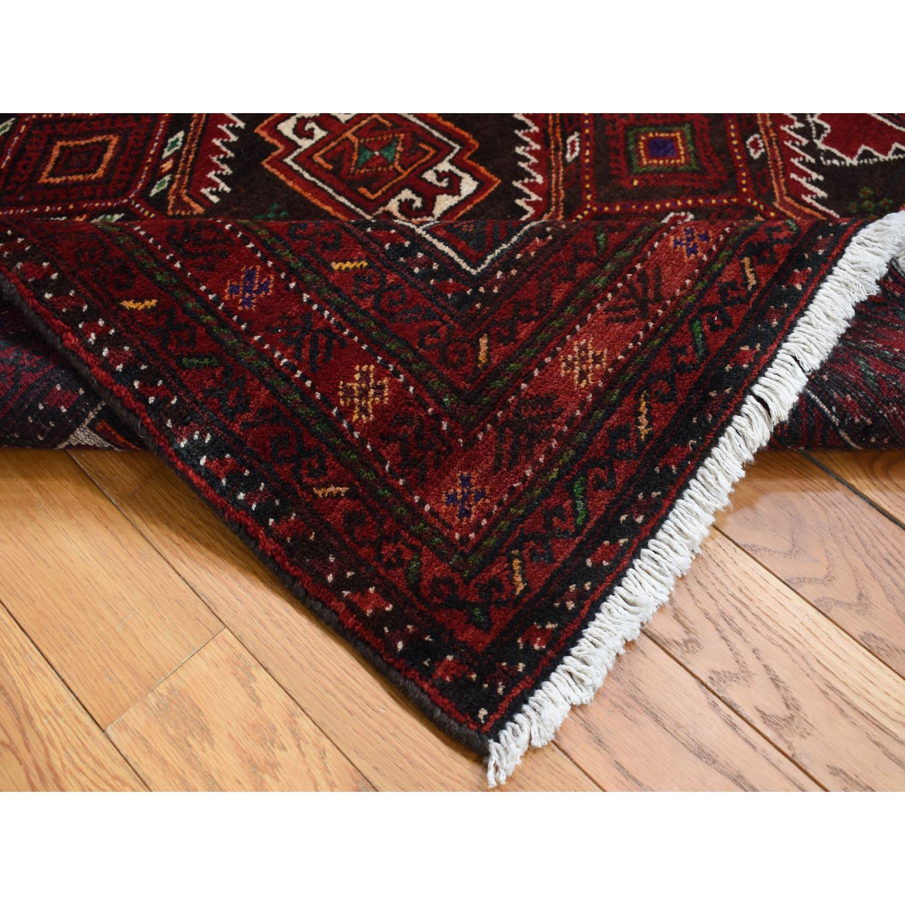 3'7"x6'5" Dark Chocolate Brown, Vintage Persian Baluch, Serrated Repetitive Geometrical Medallion Design, Excellent Condition, Pure Wool, Hand Knotted, Oriental Rug HR87392 - Image 4