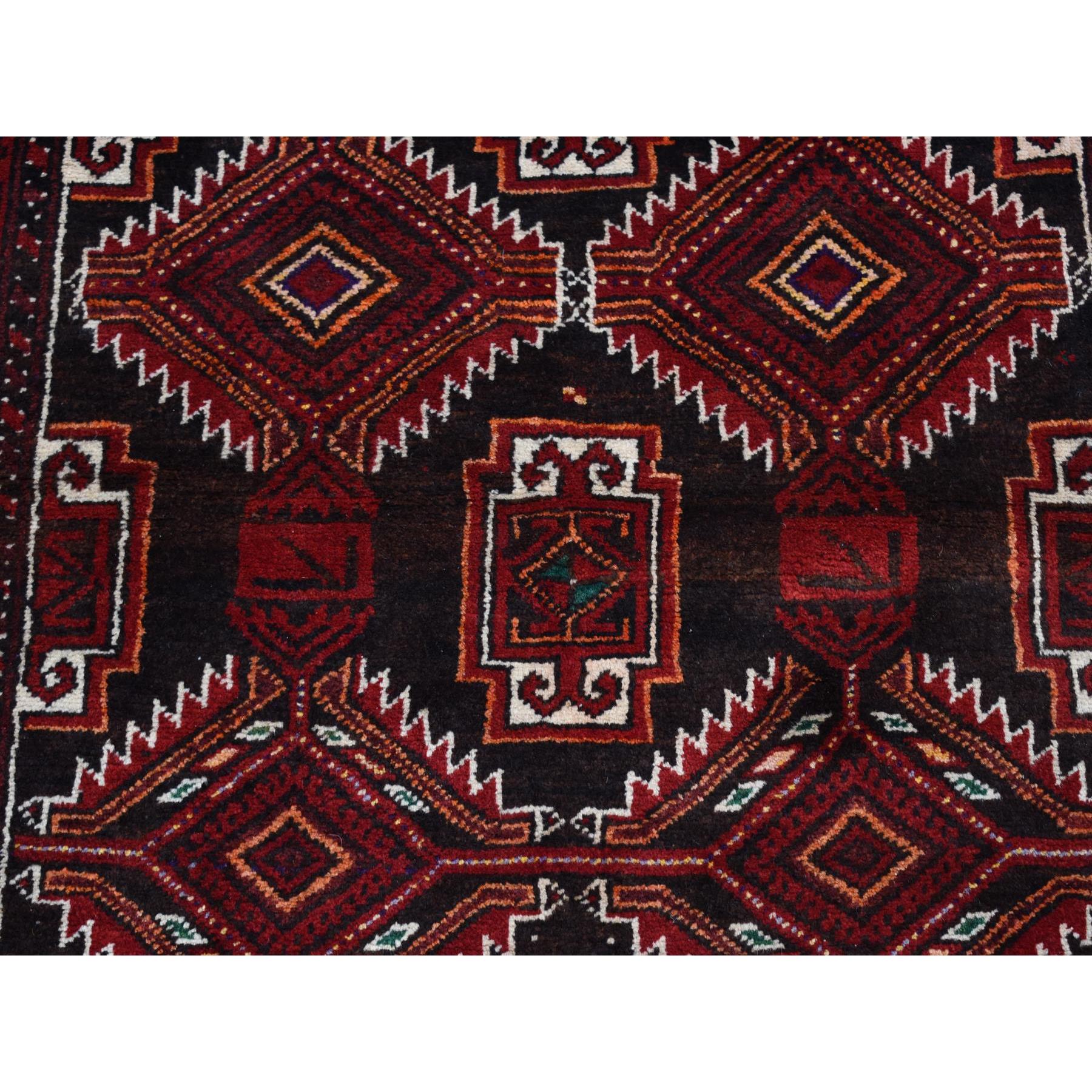 3'7"x6'5" Dark Chocolate Brown, Vintage Persian Baluch, Serrated Repetitive Geometrical Medallion Design, Excellent Condition, Pure Wool, Hand Knotted, Oriental Rug HR87392 - Image 6