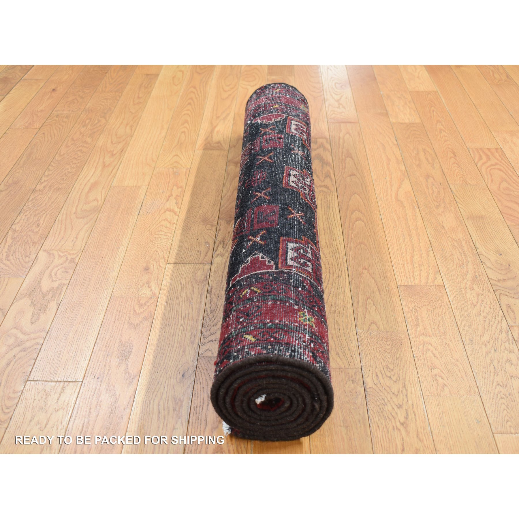 3'7"x6'5" Dark Chocolate Brown, Vintage Persian Baluch, Serrated Repetitive Geometrical Medallion Design, Excellent Condition, Pure Wool, Hand Knotted, Oriental Rug HR87392 - Image 7