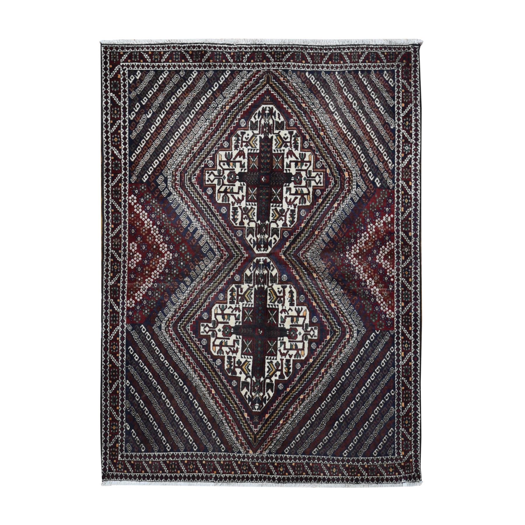4'1"x5'9" Millennium Blue, Vintage Persian Shiraz Intricate Design, Pure Wool, Hand Knotted, Oriental Rug HR87399