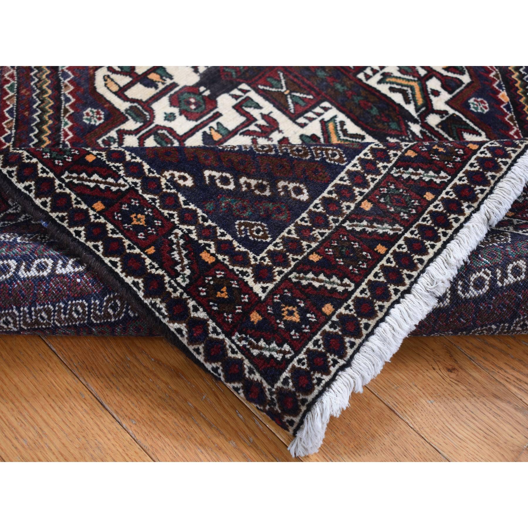 4'1"x5'9" Millennium Blue, Vintage Persian Shiraz Intricate Design, Pure Wool, Hand Knotted, Oriental Rug HR87399 - Image 4