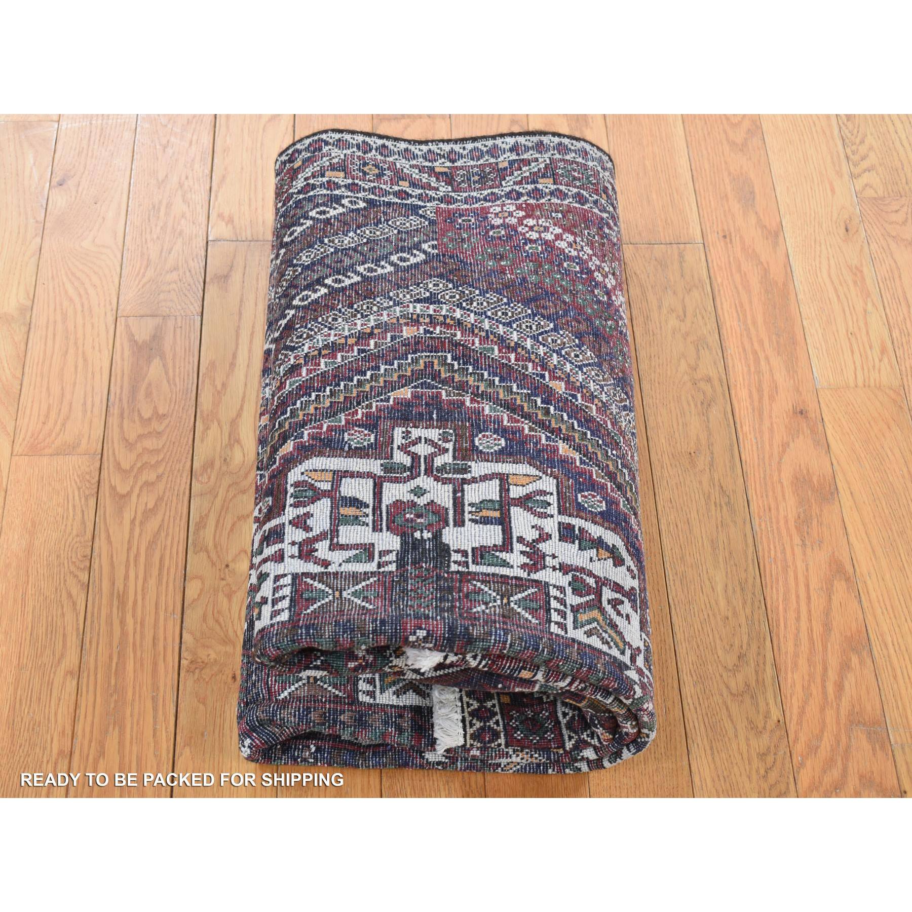 4'1"x5'9" Millennium Blue, Vintage Persian Shiraz Intricate Design, Pure Wool, Hand Knotted, Oriental Rug HR87399 - Image 7