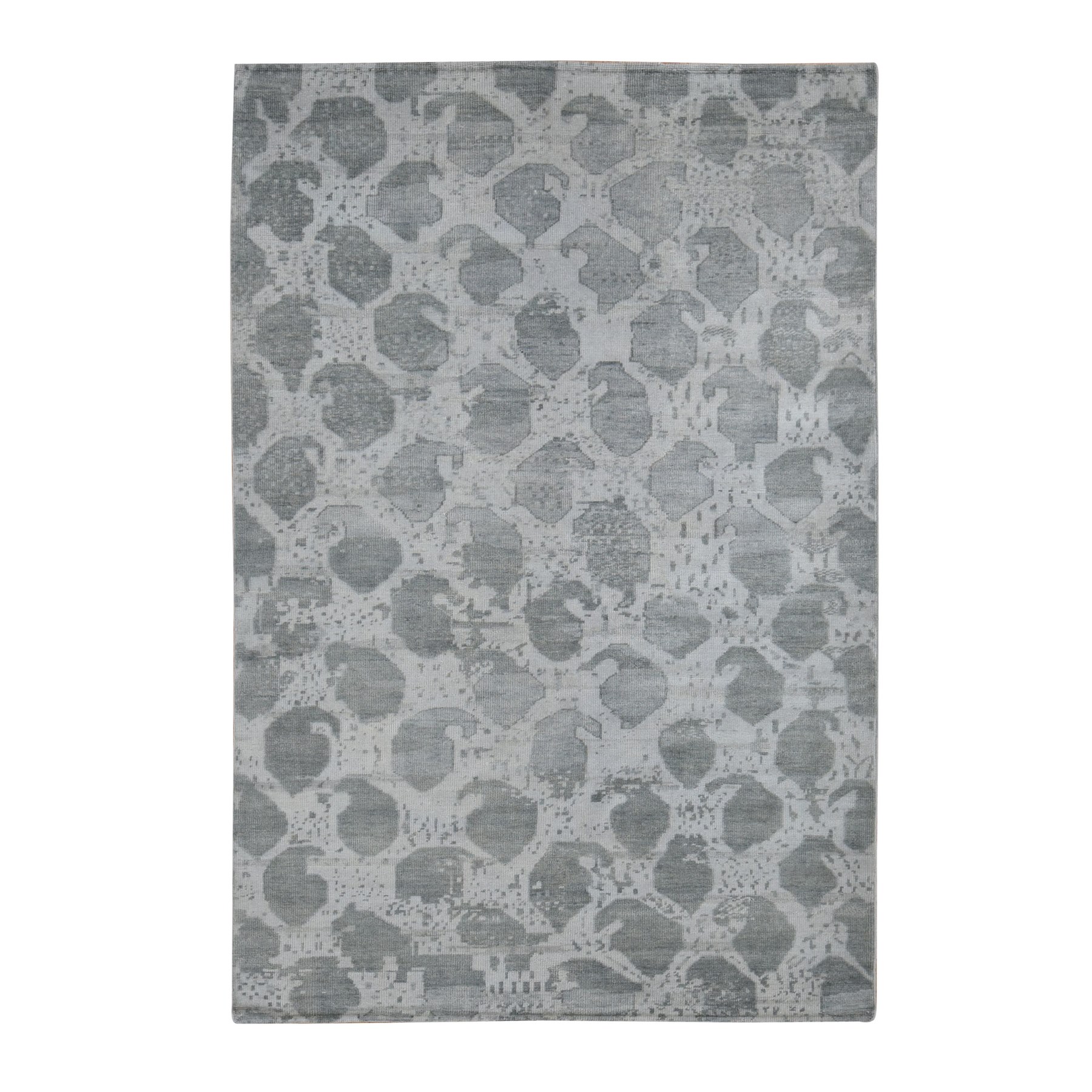 5'10"x9' Gainsboro Gray, Oushak Repetitive Botteh Design with Washed Out Colors, Pure Wool, Hand Knotted, Oriental Rug HR87427