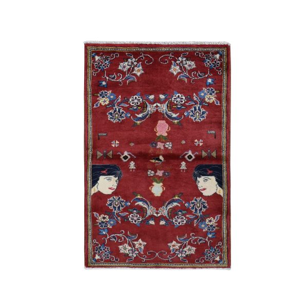3'x4'9" Fire Brick Red, Persian Ardabil with Various Human Figurines, Pure Wool, Hand Knotted, Oriental Rug HR87435