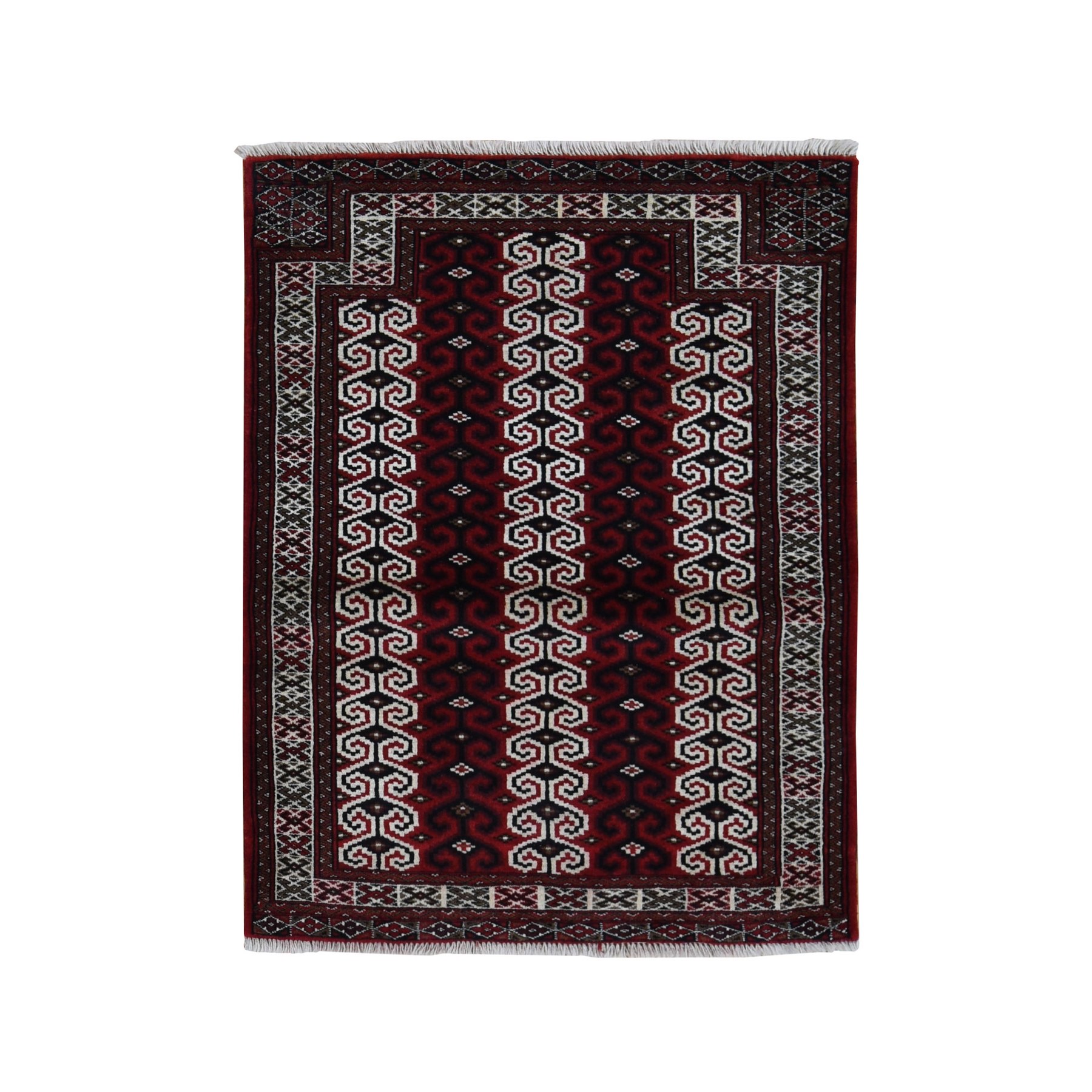 3'2"x4'1" Maroon Red, Turkoman Repetitive Geometrical Prayer Design, Pure Wool, Hand Knotted, Oriental Rug HR87460