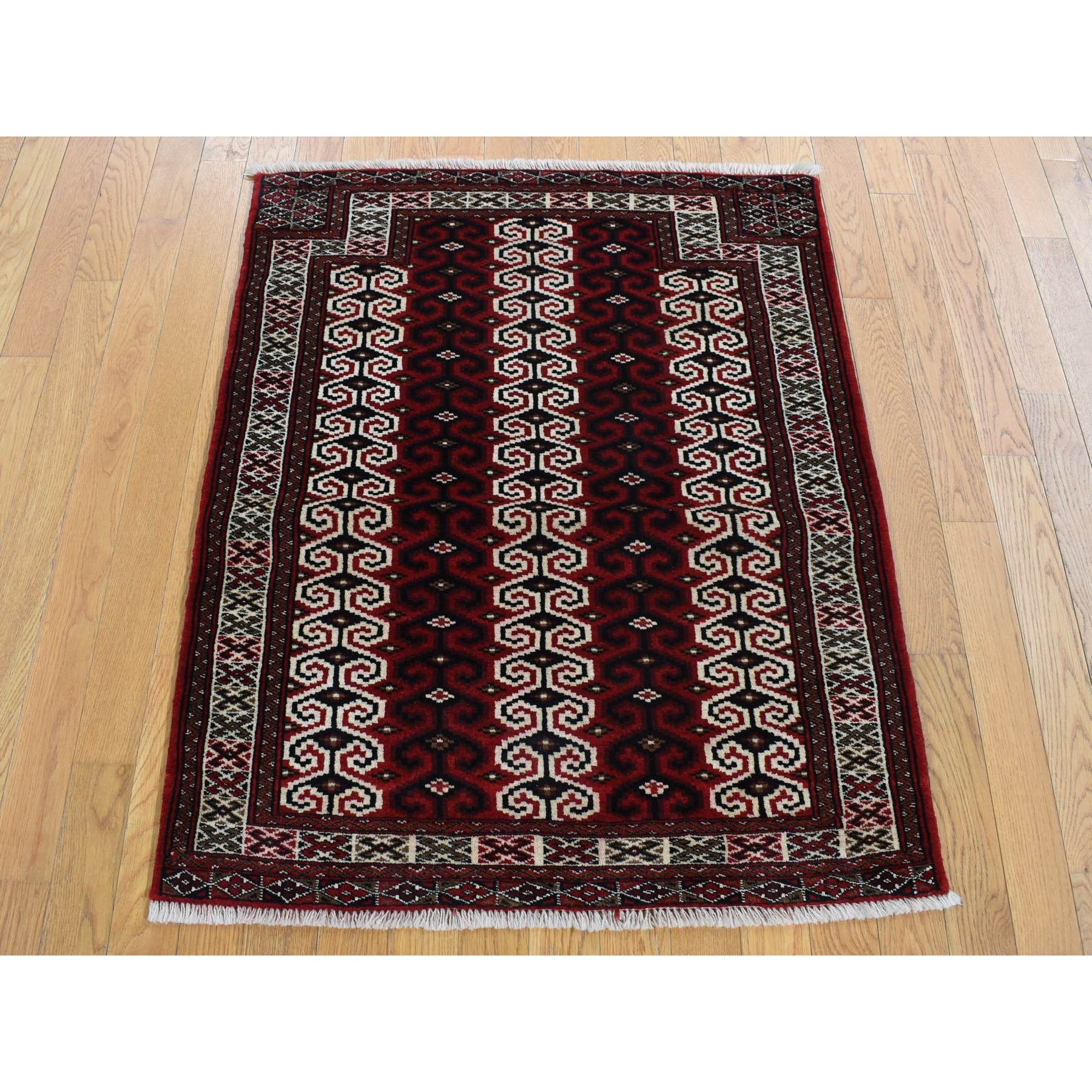 3'2"x4'1" Maroon Red, Turkoman Repetitive Geometrical Prayer Design, Pure Wool, Hand Knotted, Oriental Rug HR87460 - Image 2