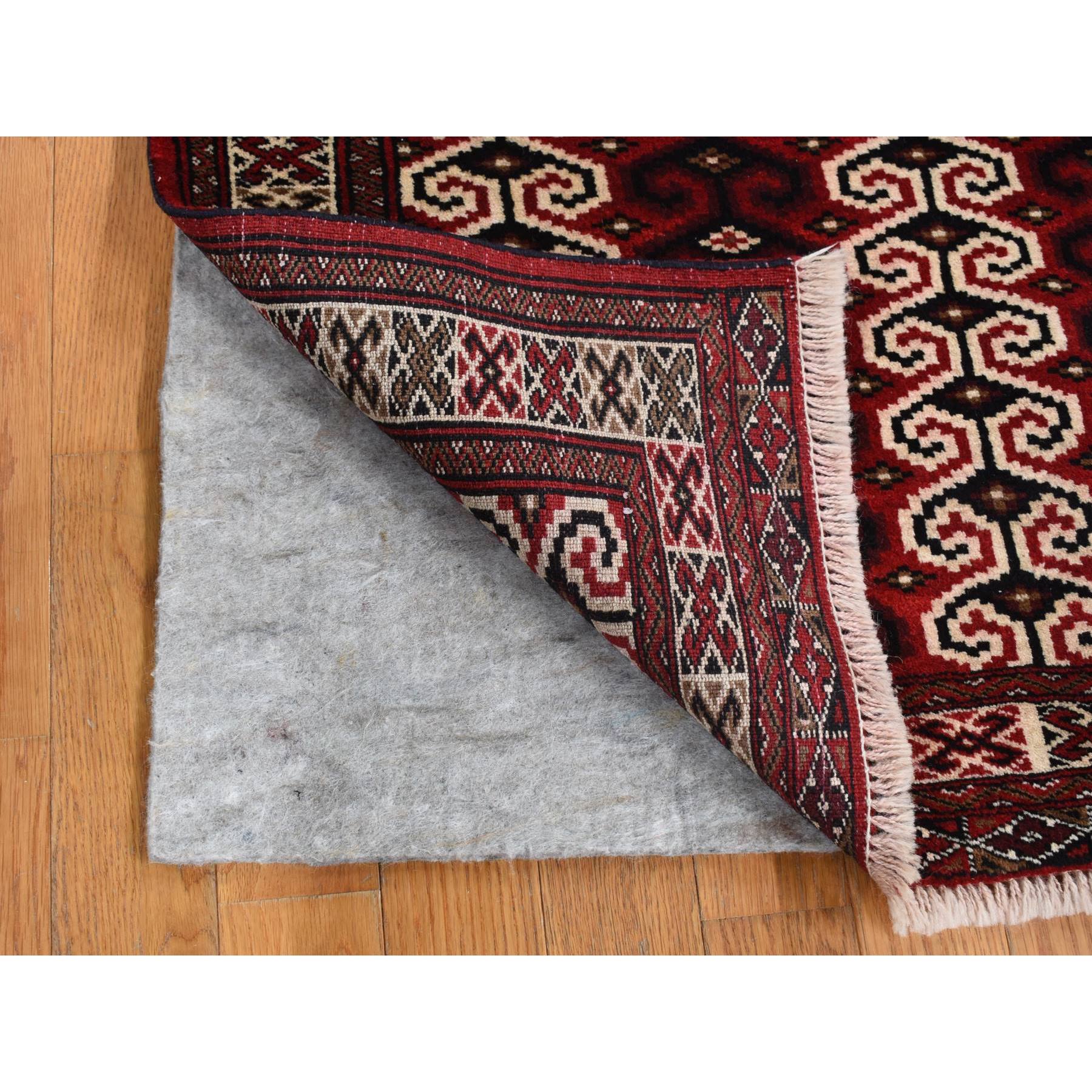 3'2"x4'1" Maroon Red, Turkoman Repetitive Geometrical Prayer Design, Pure Wool, Hand Knotted, Oriental Rug HR87460 - Image 3