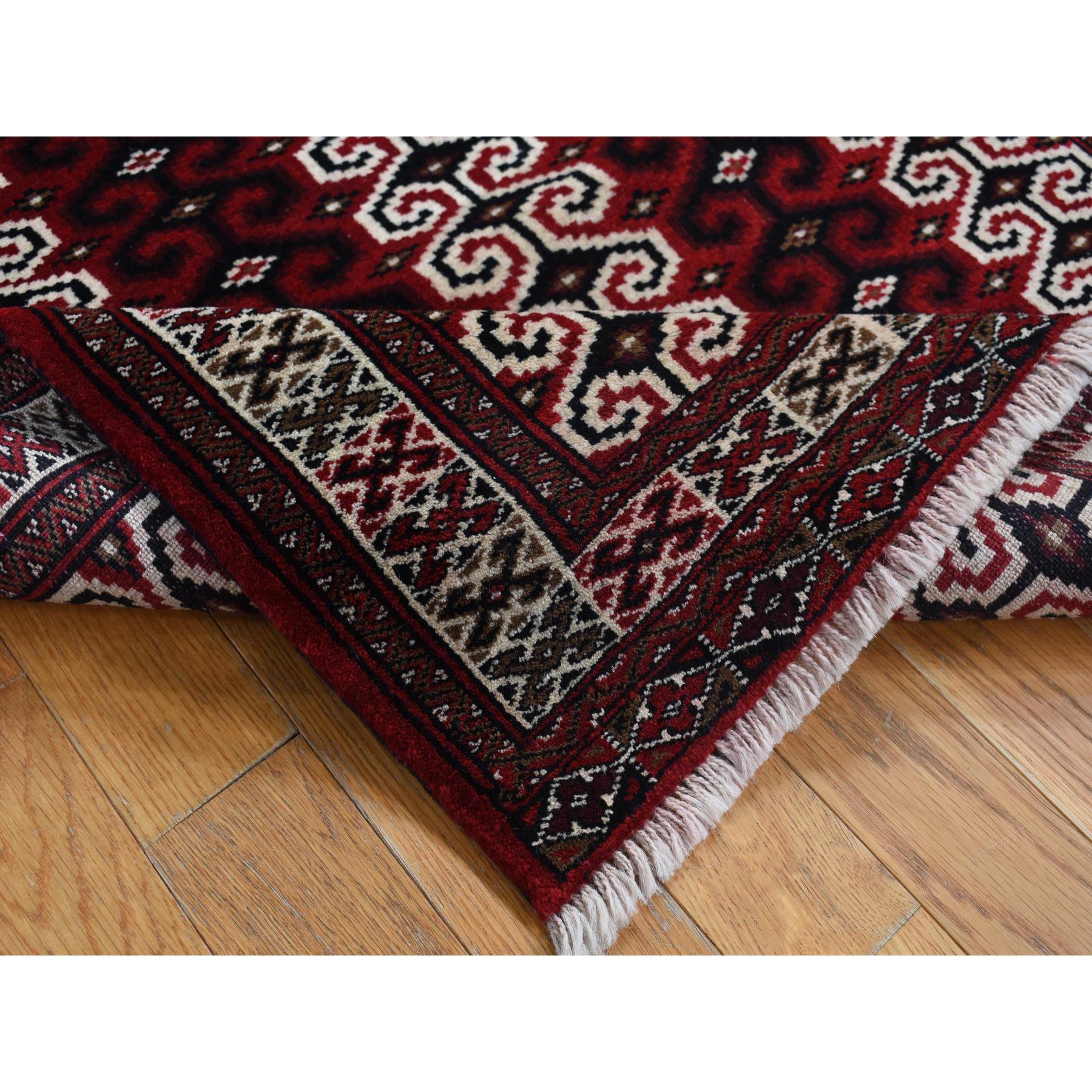 3'2"x4'1" Maroon Red, Turkoman Repetitive Geometrical Prayer Design, Pure Wool, Hand Knotted, Oriental Rug HR87460 - Image 4