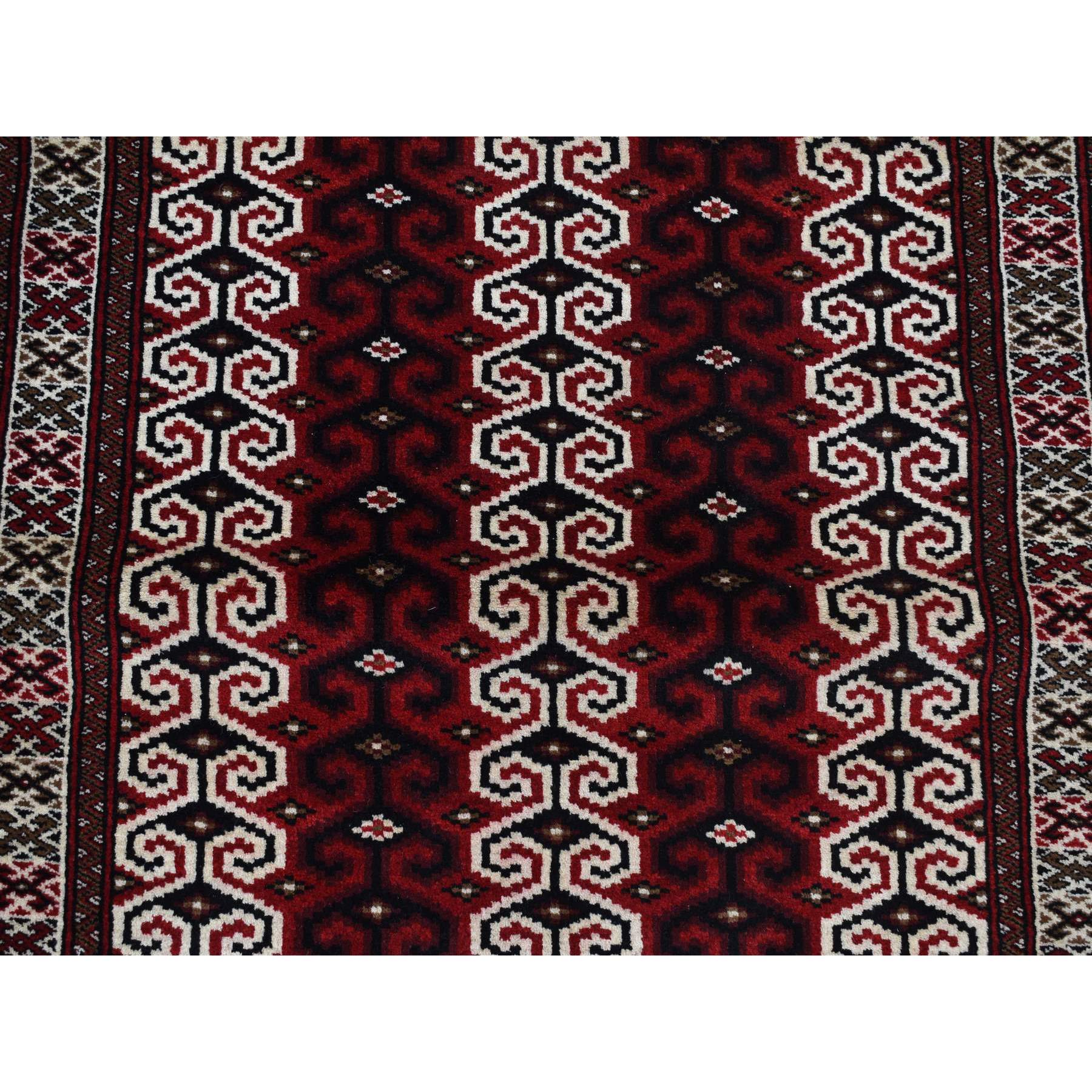 3'2"x4'1" Maroon Red, Turkoman Repetitive Geometrical Prayer Design, Pure Wool, Hand Knotted, Oriental Rug HR87460 - Image 6
