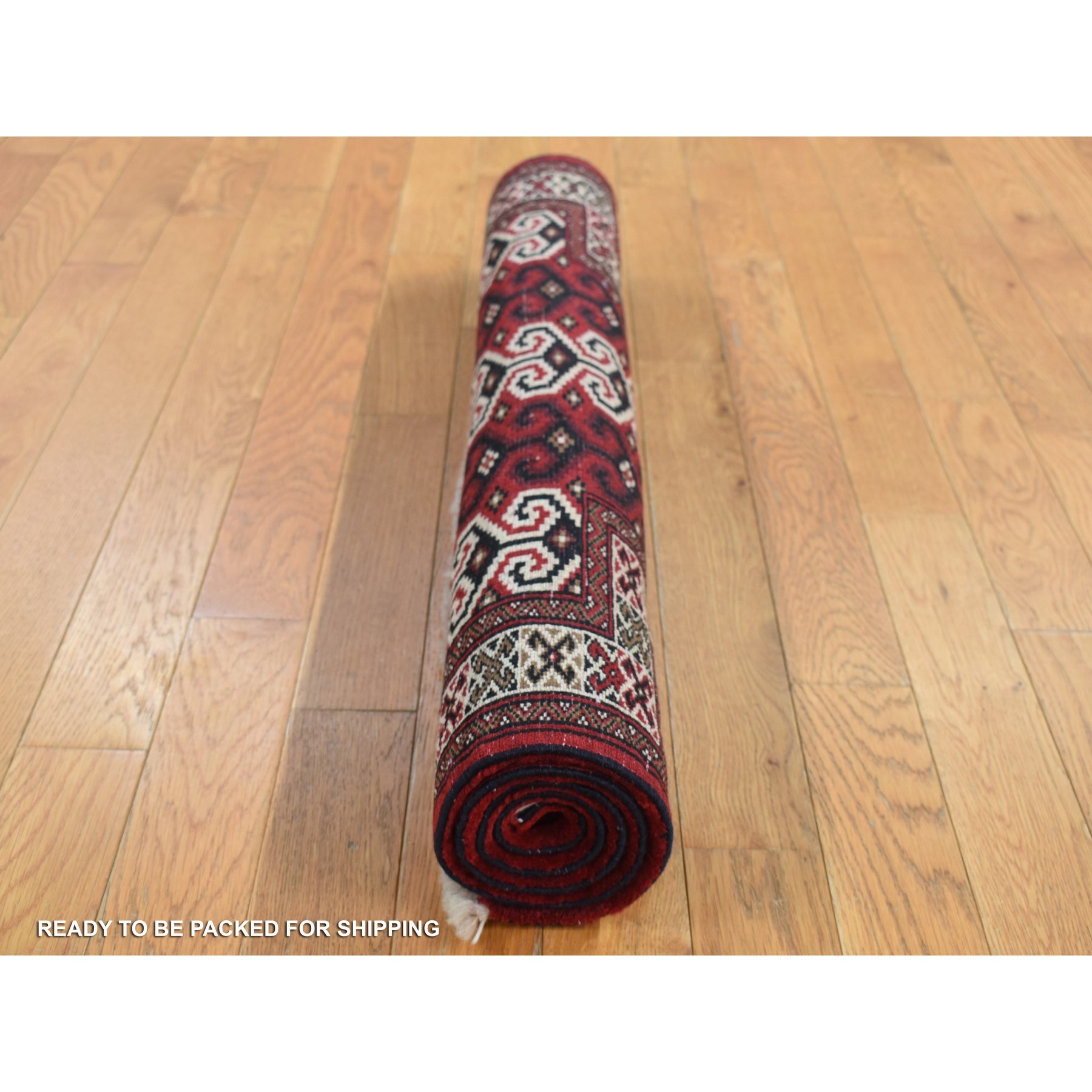 3'2"x4'1" Maroon Red, Turkoman Repetitive Geometrical Prayer Design, Pure Wool, Hand Knotted, Oriental Rug HR87460 - Image 7
