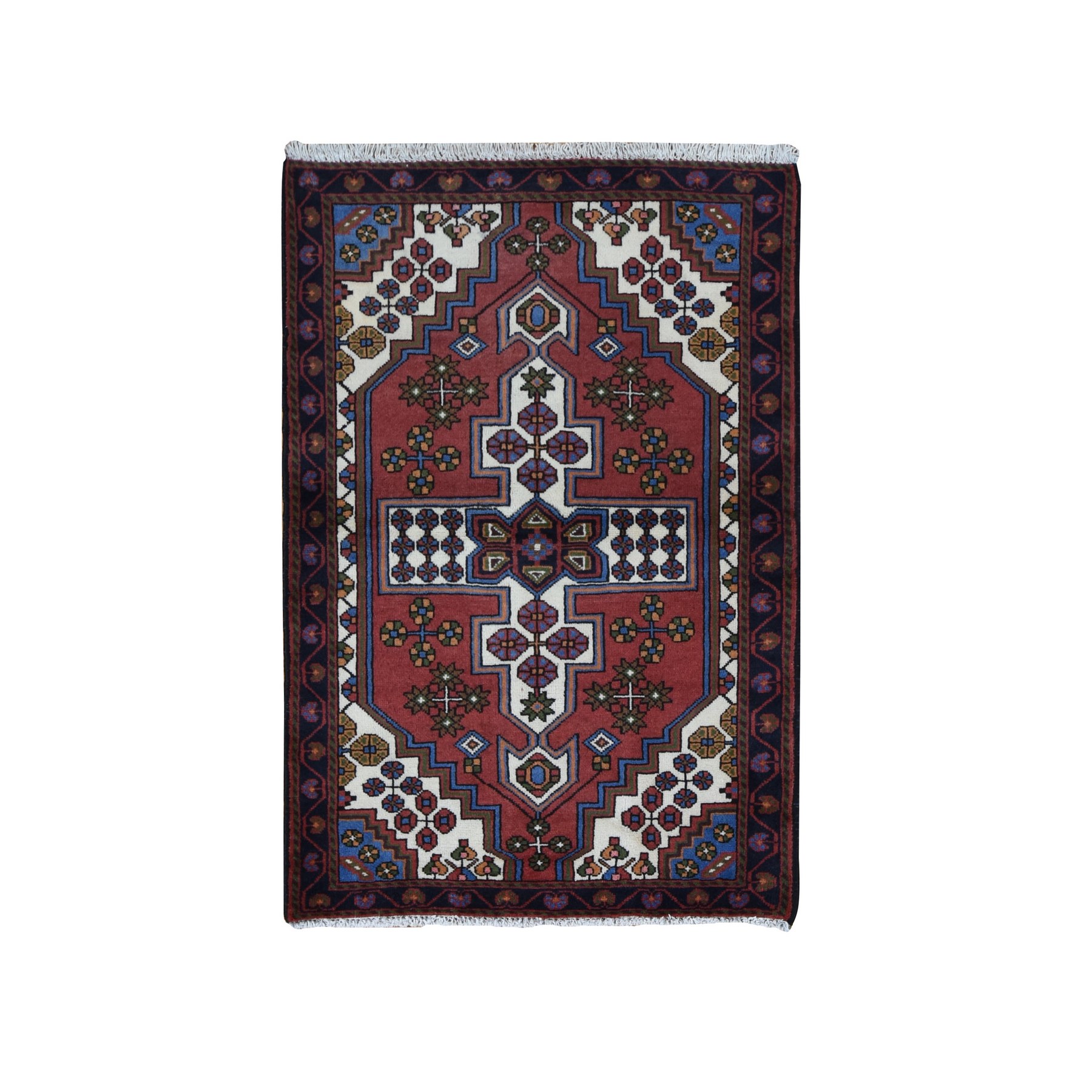 3'5"x5' Alabama Crimson Red, Vintage Bohemian Persian Hamadan Cross Design, Pure Wool, Hand Knotted, Oriental Rug HR87464
