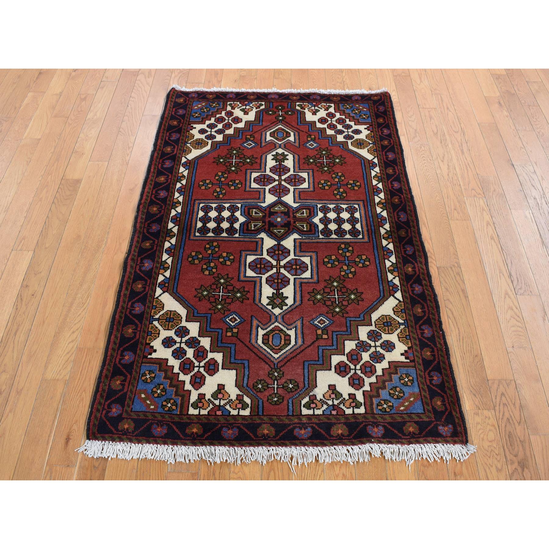 3'5"x5' Alabama Crimson Red, Vintage Bohemian Persian Hamadan Cross Design, Pure Wool, Hand Knotted, Oriental Rug HR87464 - Image 2