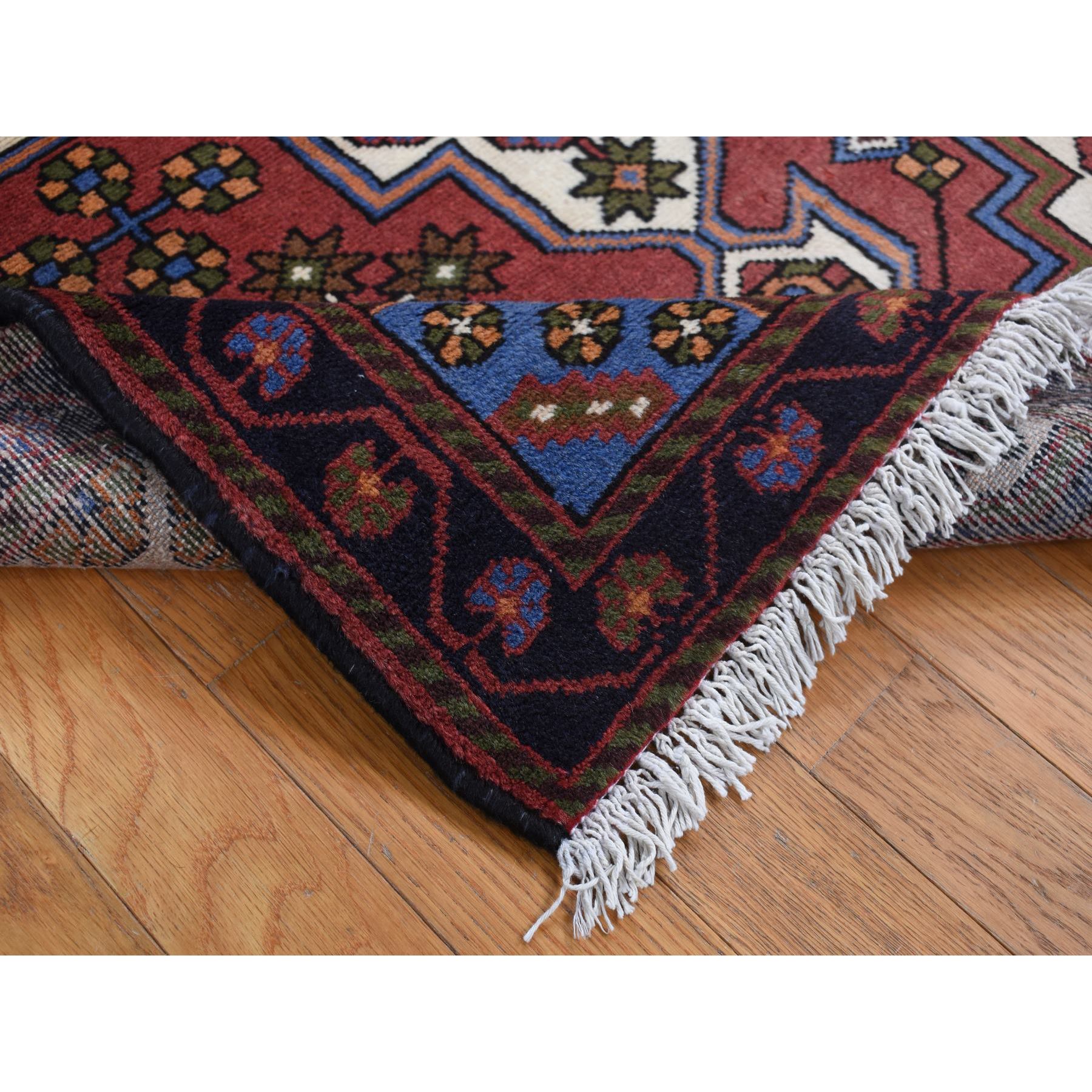 3'5"x5' Alabama Crimson Red, Vintage Bohemian Persian Hamadan Cross Design, Pure Wool, Hand Knotted, Oriental Rug HR87464 - Image 4