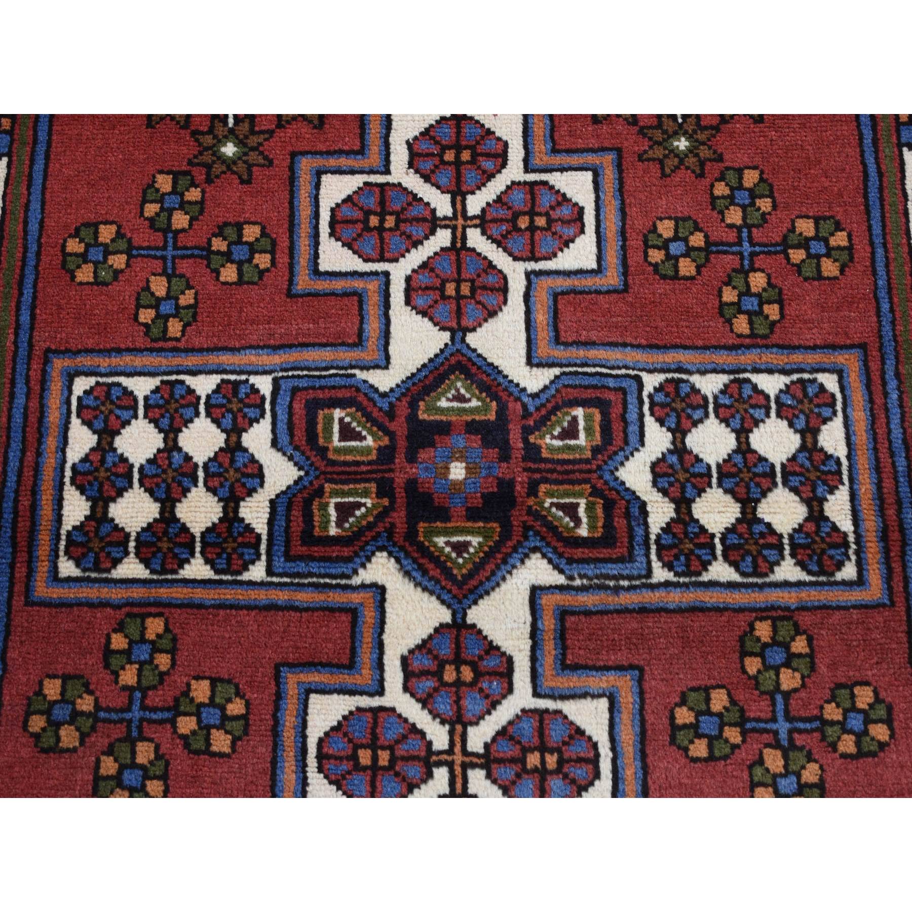 3'5"x5' Alabama Crimson Red, Vintage Bohemian Persian Hamadan Cross Design, Pure Wool, Hand Knotted, Oriental Rug HR87464 - Image 6