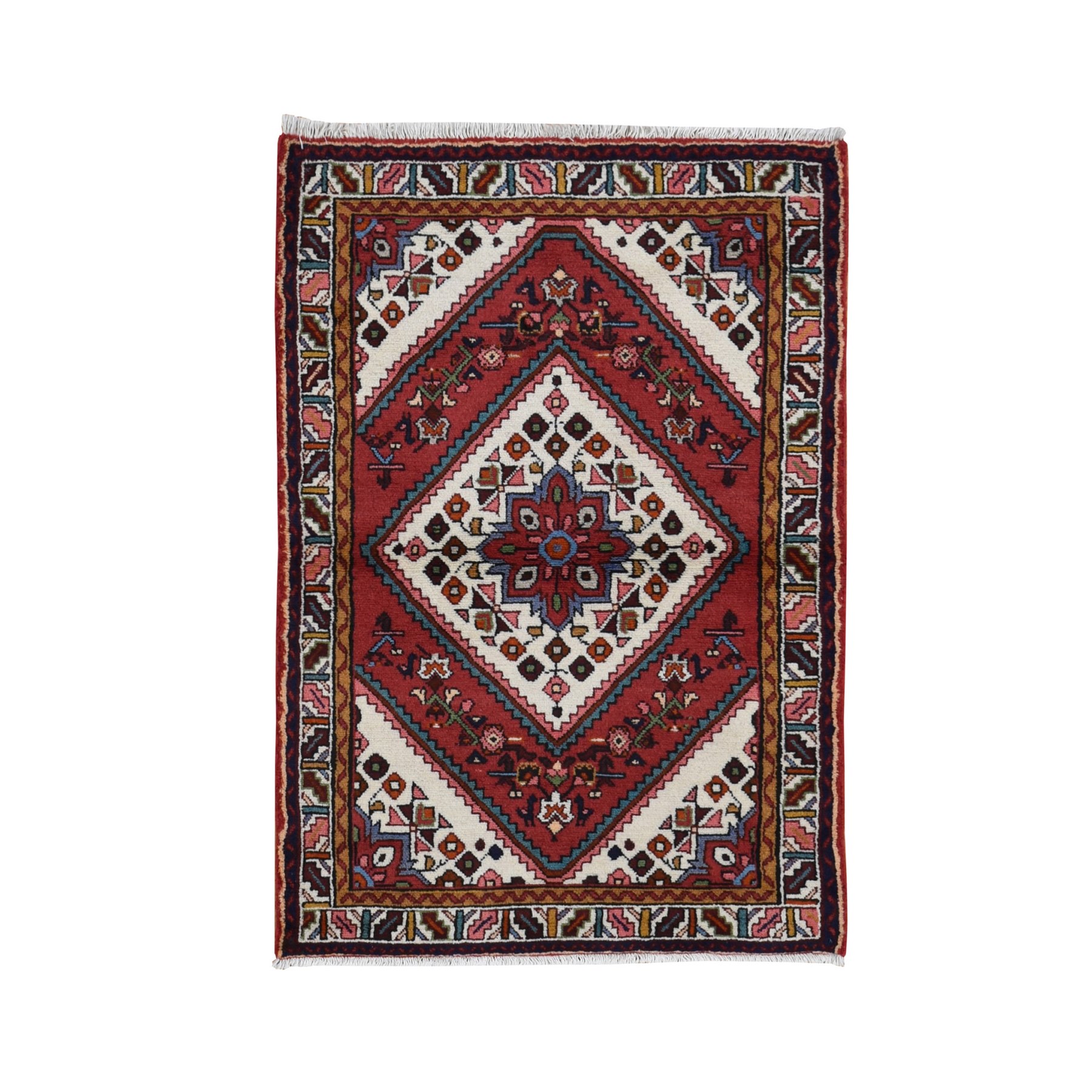3'5"x5'1" Burgundy Red, New Persian Hamadan, Diamond and Flower Design, Pure Wool, Hand Knotted, Oriental Rug HR87468