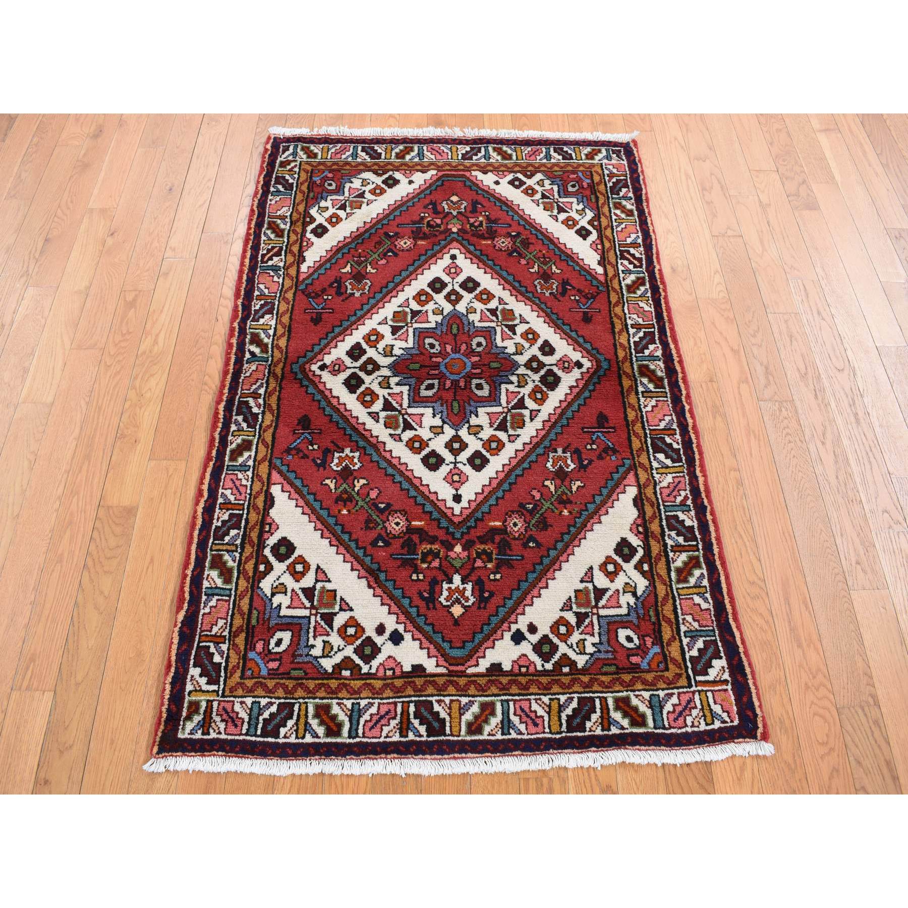 3'5"x5'1" Burgundy Red, New Persian Hamadan, Diamond and Flower Design, Pure Wool, Hand Knotted, Oriental Rug HR87468 - Image 2