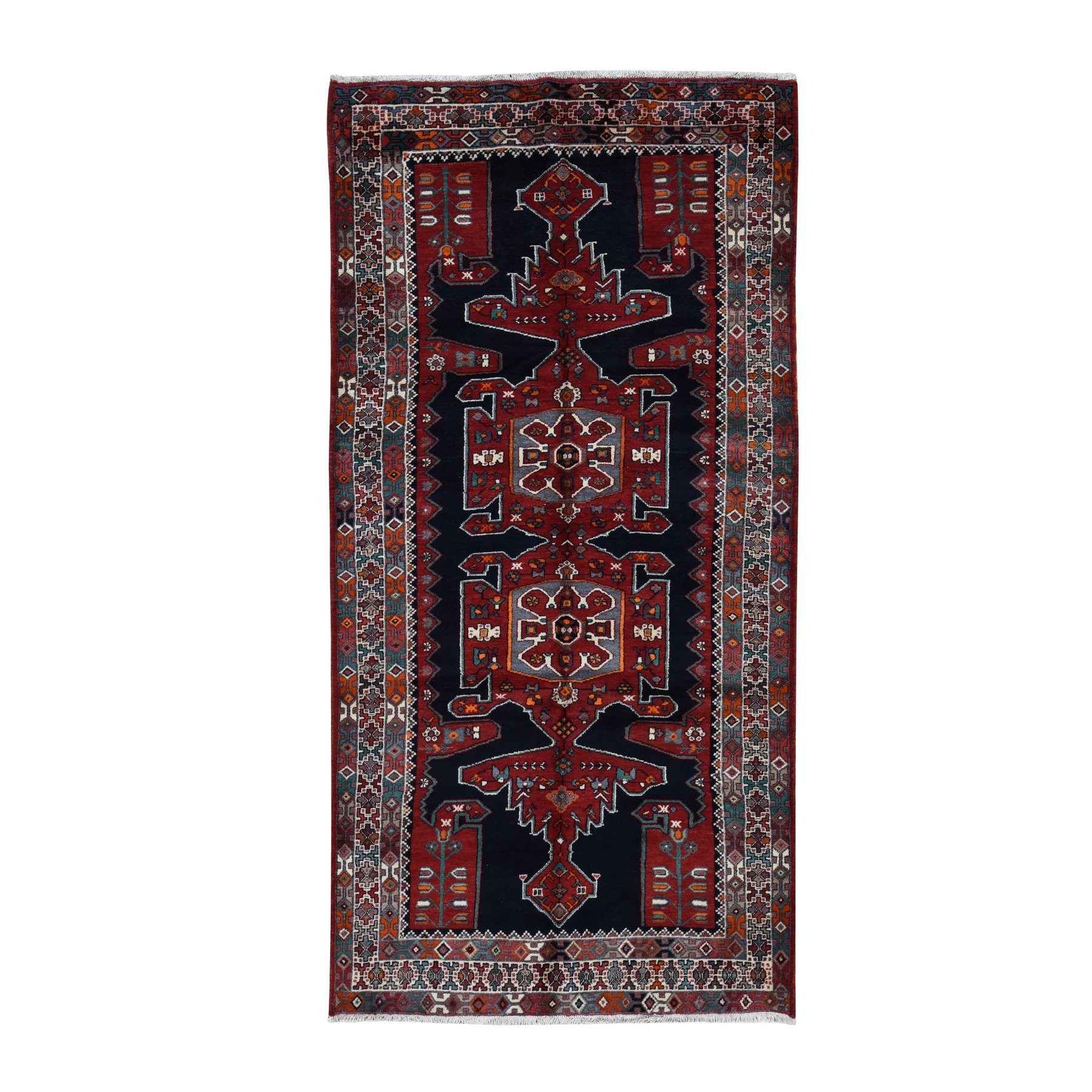 4'8"x9'7" Millennium Blue, New Persian Hamadan with Large Geometric Elements, Pure Wool, Hand Knotted, Gallery Size Runner Oriental Rug HR87472