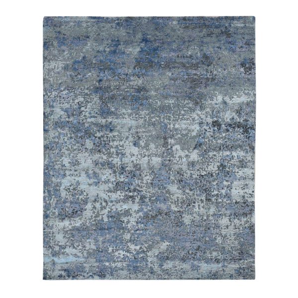 7'10"x9'9" Battleship Gray, Hi-Low Pile, Modern Abstract Design, Wool and Silk, Hand Knotted, Oriental Rug HR87515
