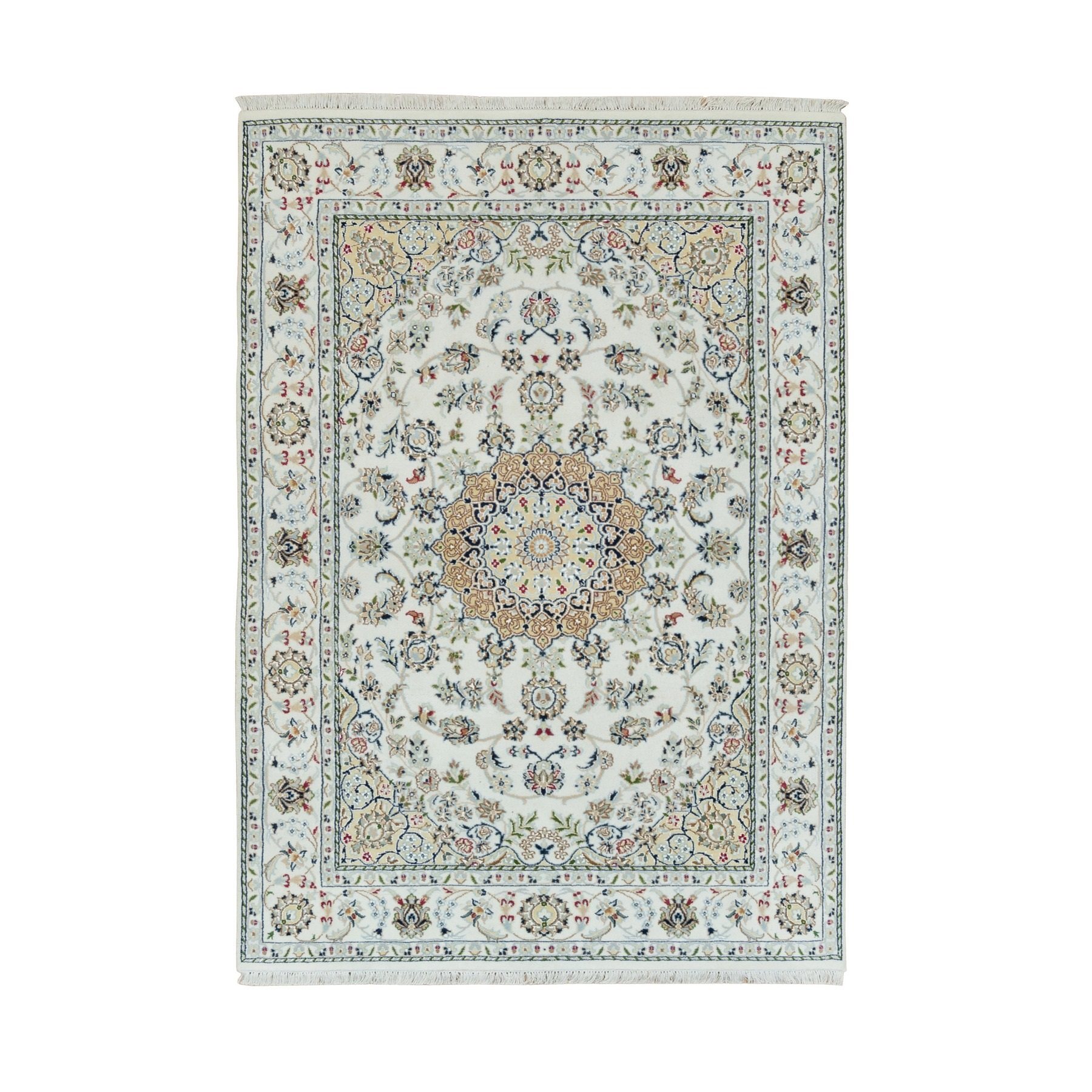 4'7"x6'8" Powder White, Nain with Center Medallion Flower Design, 250 KPSI, 100% Wool, Hand Knotted, Oriental Rug HR90013