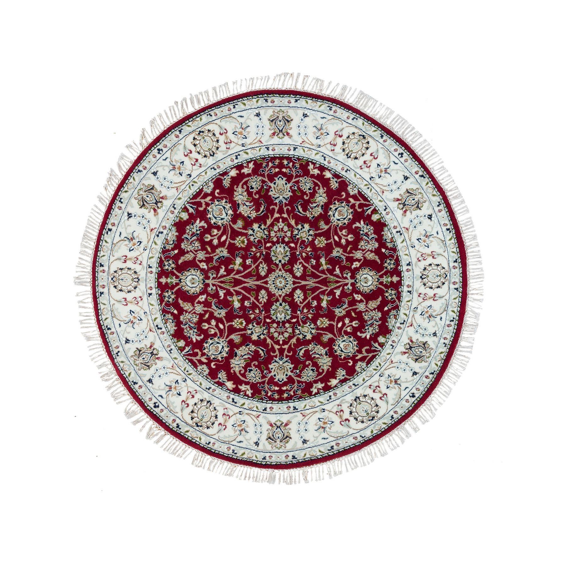 4'10"x4'10" Burgundy Red, Nain with All Over Flower Design, 250 KPSI, Extra Soft Wool, Hand Knotted, Round Oriental Rug HR90018