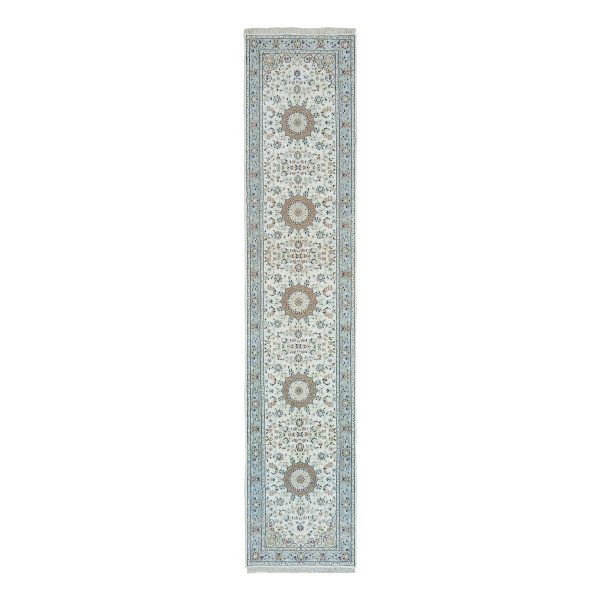 2'8"x13' Powder White, Hand Knotted, Nain with Center Medallion Flower Design, 250 KPSI, Organic Wool, Runner Oriental Rug HR90028