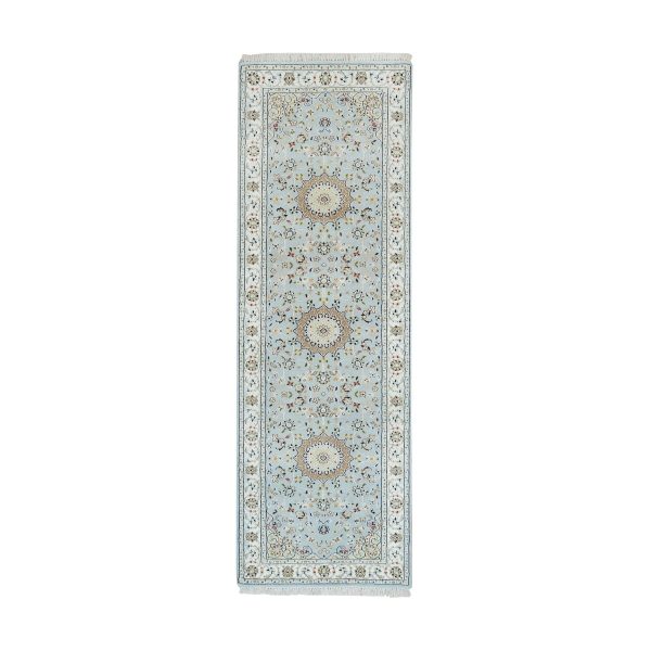 2'9"x8'4" Beau Blue, 250 KPSI, Extra Soft Wool, Hand Knotted, Nain with Center Medallion Flower Design, Runner Oriental Rug HR90030