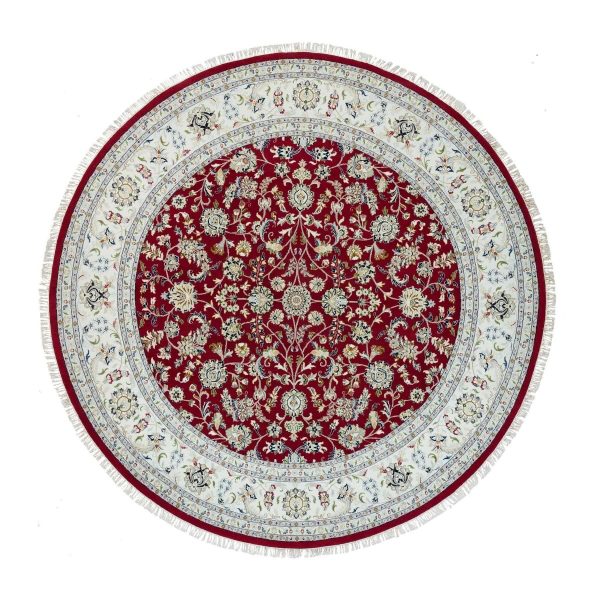 9'8"x9'8" Burgundy Red, Soft Wool, Hand Knotted, Nain with All Over Flower Design, 250 KPSI, Round Oriental Rug HR90050