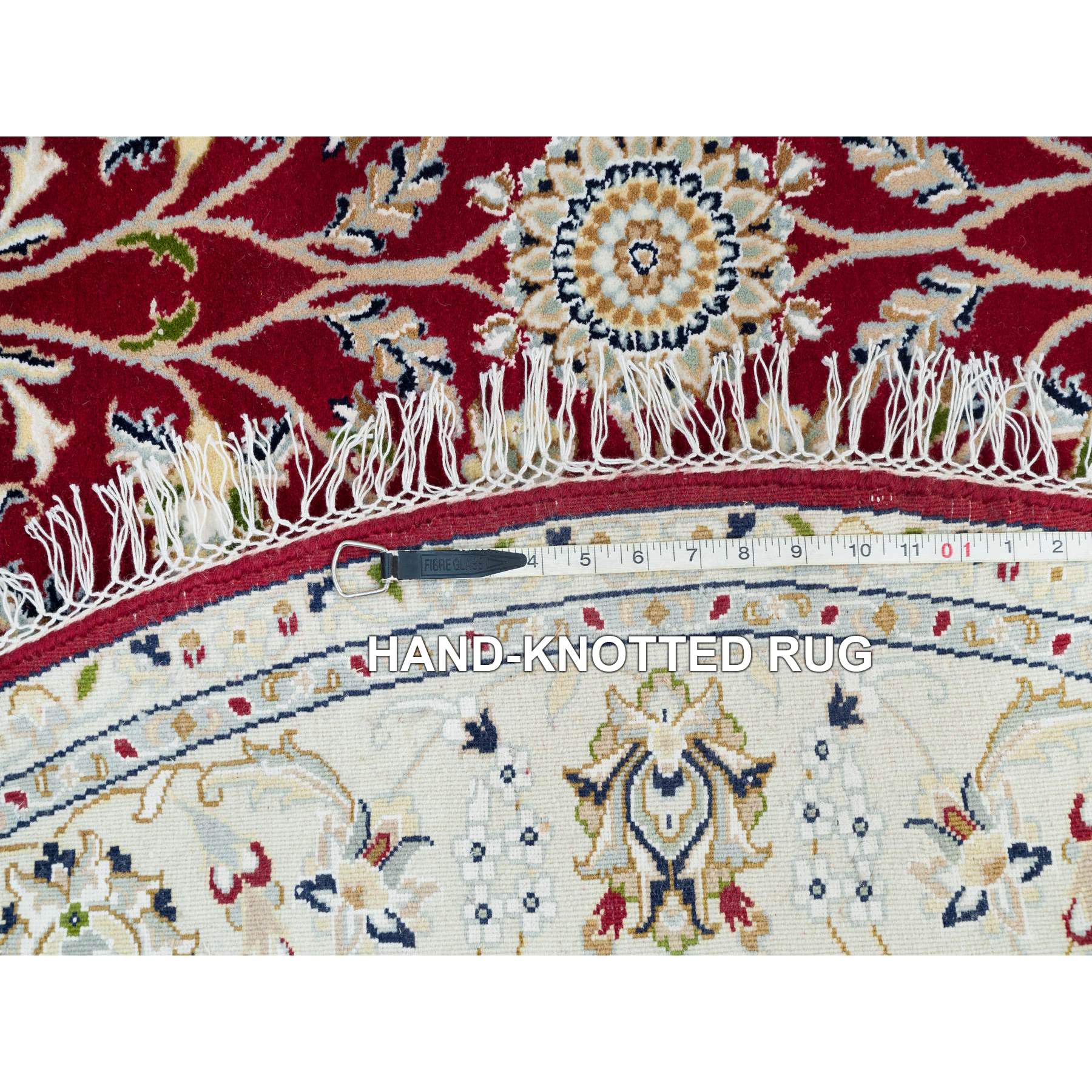 6'x6' Burgundy Red, 250 KPSI, Organic Wool, Hand Knotted, Nain with All Over Flower Design, Round Oriental Rug HR90052 - Image 8