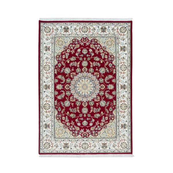 4'6"x6'10" Burgundy Red, Nain with Center Medallion Flower Design, 250 KPSI, Soft Wool, Hand Knotted, Oriental Rug HR90062