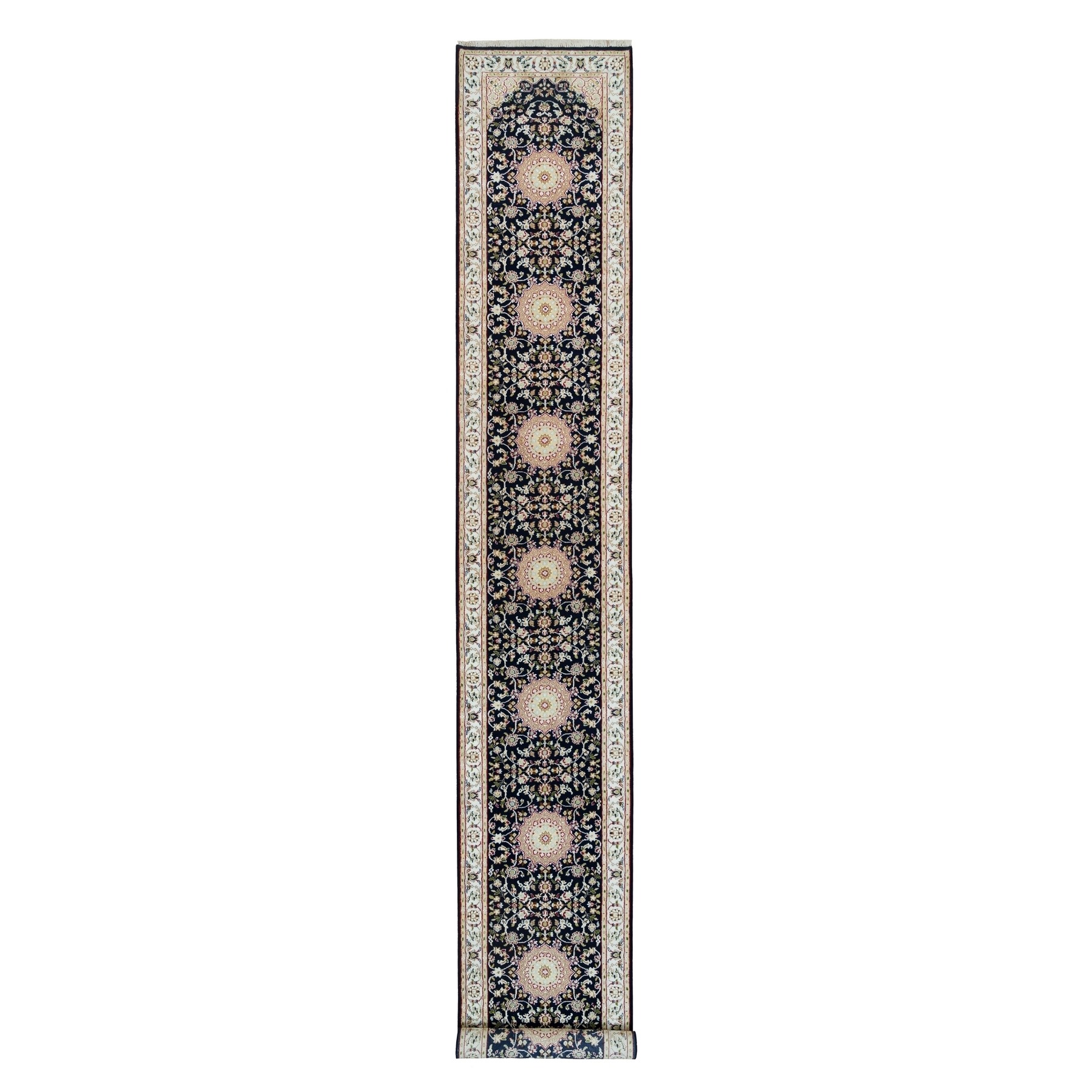 2'8"x18'5" Midnight Blue, Nain with Center Medallion Flower Design, Pure Wool, Hand Knotted, 250 KPSI, XL Runner Oriental Rug HR90065