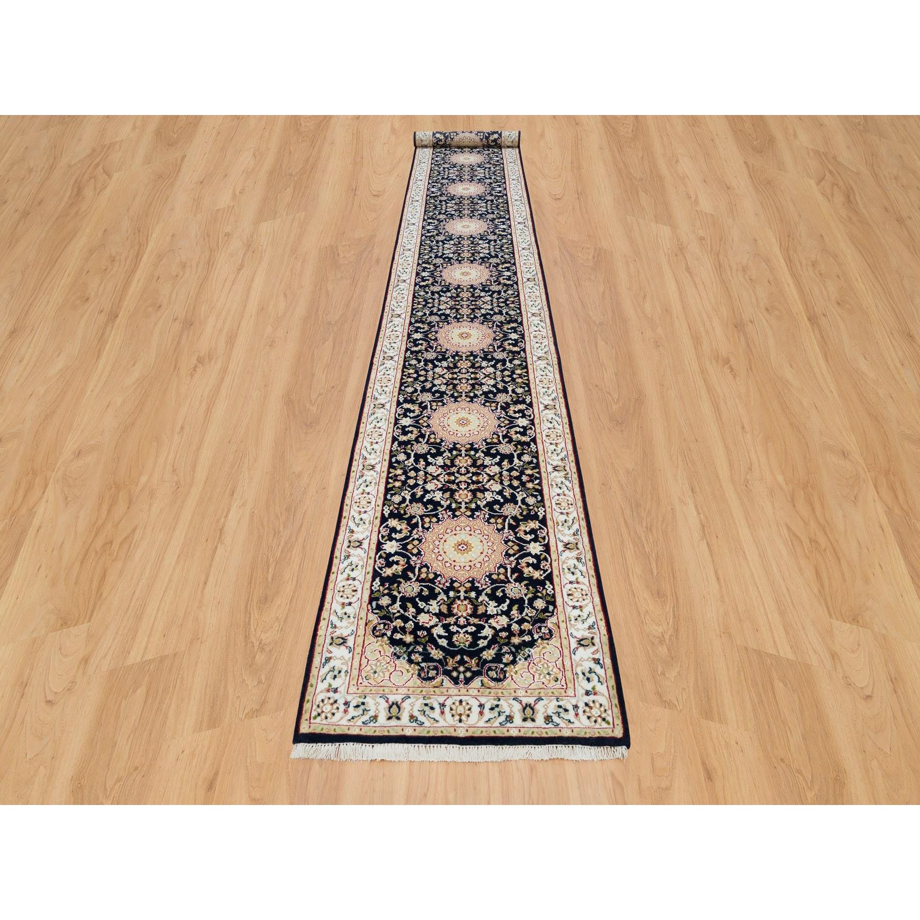 2'8"x18'5" Midnight Blue, Nain with Center Medallion Flower Design, Pure Wool, Hand Knotted, 250 KPSI, XL Runner Oriental Rug HR90065 - Image 2