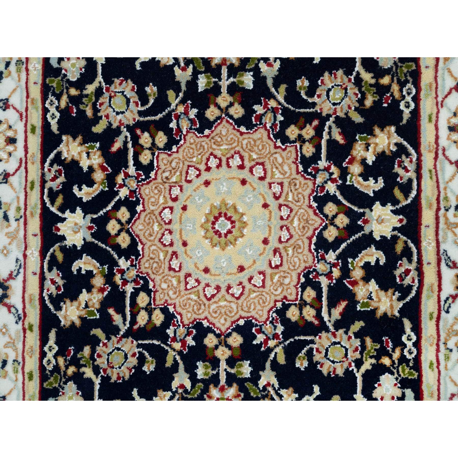 2'8"x18'5" Midnight Blue, Nain with Center Medallion Flower Design, Pure Wool, Hand Knotted, 250 KPSI, XL Runner Oriental Rug HR90065 - Image 5