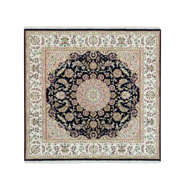 6'3"x6'3" Midnight Blue, 250 KPSI, Natural Wool, Hand Knotted, Nain with Center Medallion Flower Design, Square Oriental Rug HR90069