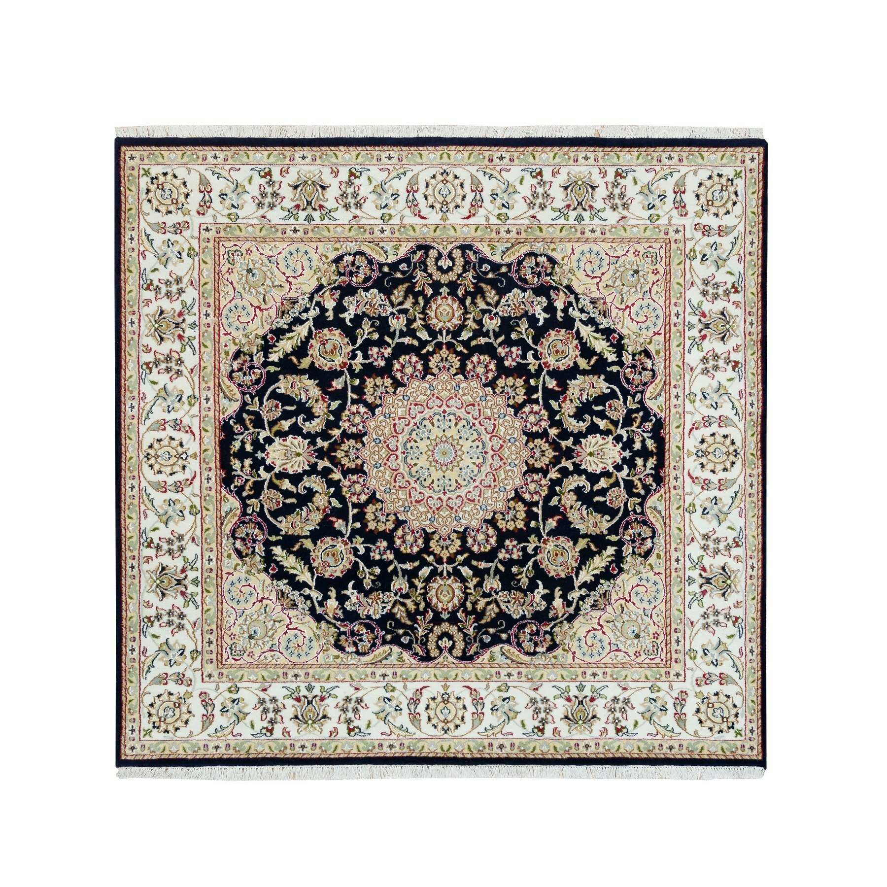 6'3"x6'3" Midnight Blue, 250 KPSI, Natural Wool, Hand Knotted, Nain with Center Medallion Flower Design, Square Oriental Rug HR90069