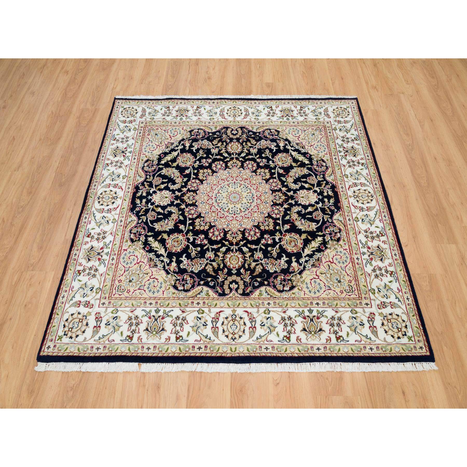 6'3"x6'3" Midnight Blue, 250 KPSI, Natural Wool, Hand Knotted, Nain with Center Medallion Flower Design, Square Oriental Rug HR90069 - Image 2