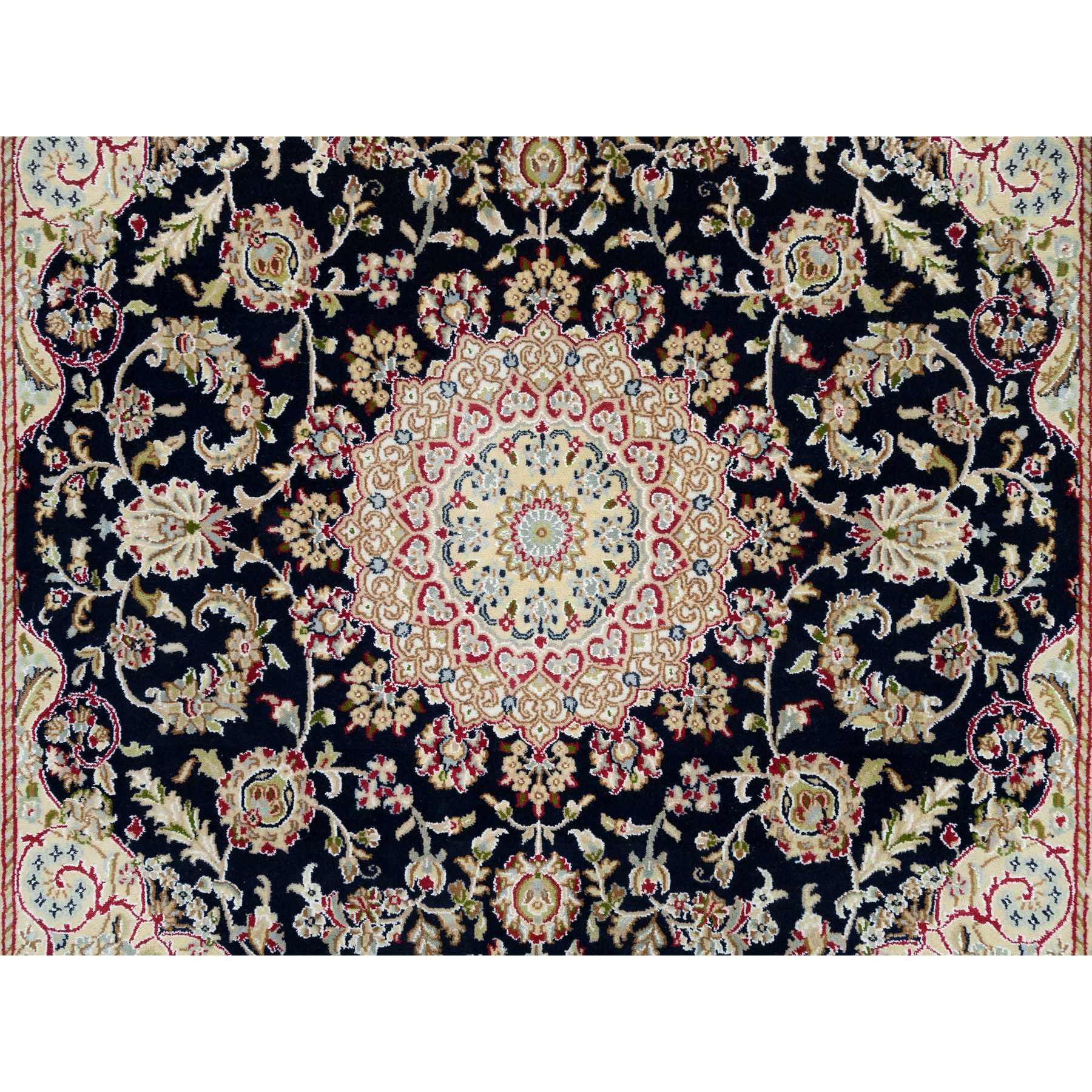 6'3"x6'3" Midnight Blue, 250 KPSI, Natural Wool, Hand Knotted, Nain with Center Medallion Flower Design, Square Oriental Rug HR90069 - Image 5