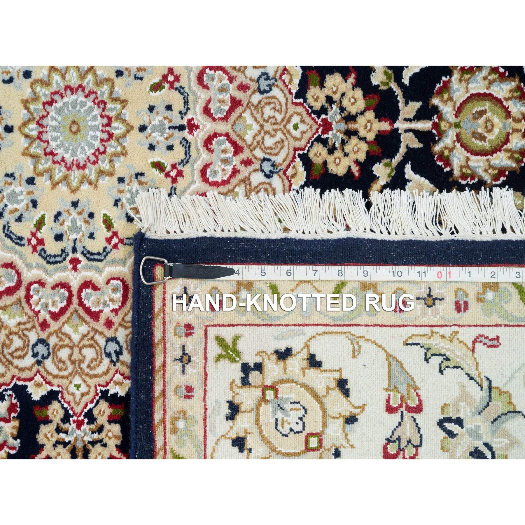 6'3"x6'3" Midnight Blue, 250 KPSI, Natural Wool, Hand Knotted, Nain with Center Medallion Flower Design, Square Oriental Rug HR90069 - Image 8