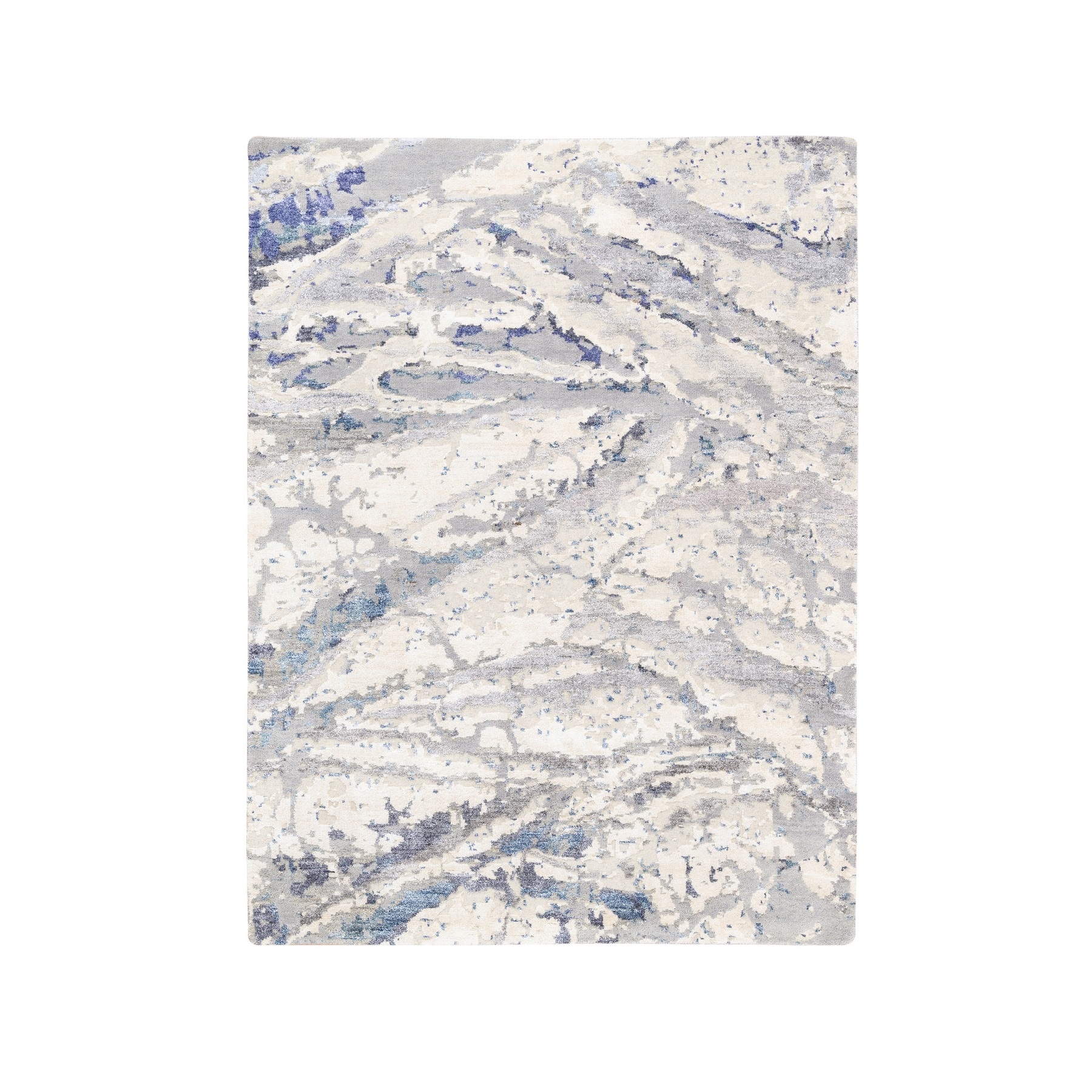 4'1"x5'9" Ivory with a Mix of Blue and Gray Wool and Silk Hand Knotted Abstract Design Modern Oriental Rug HR62429